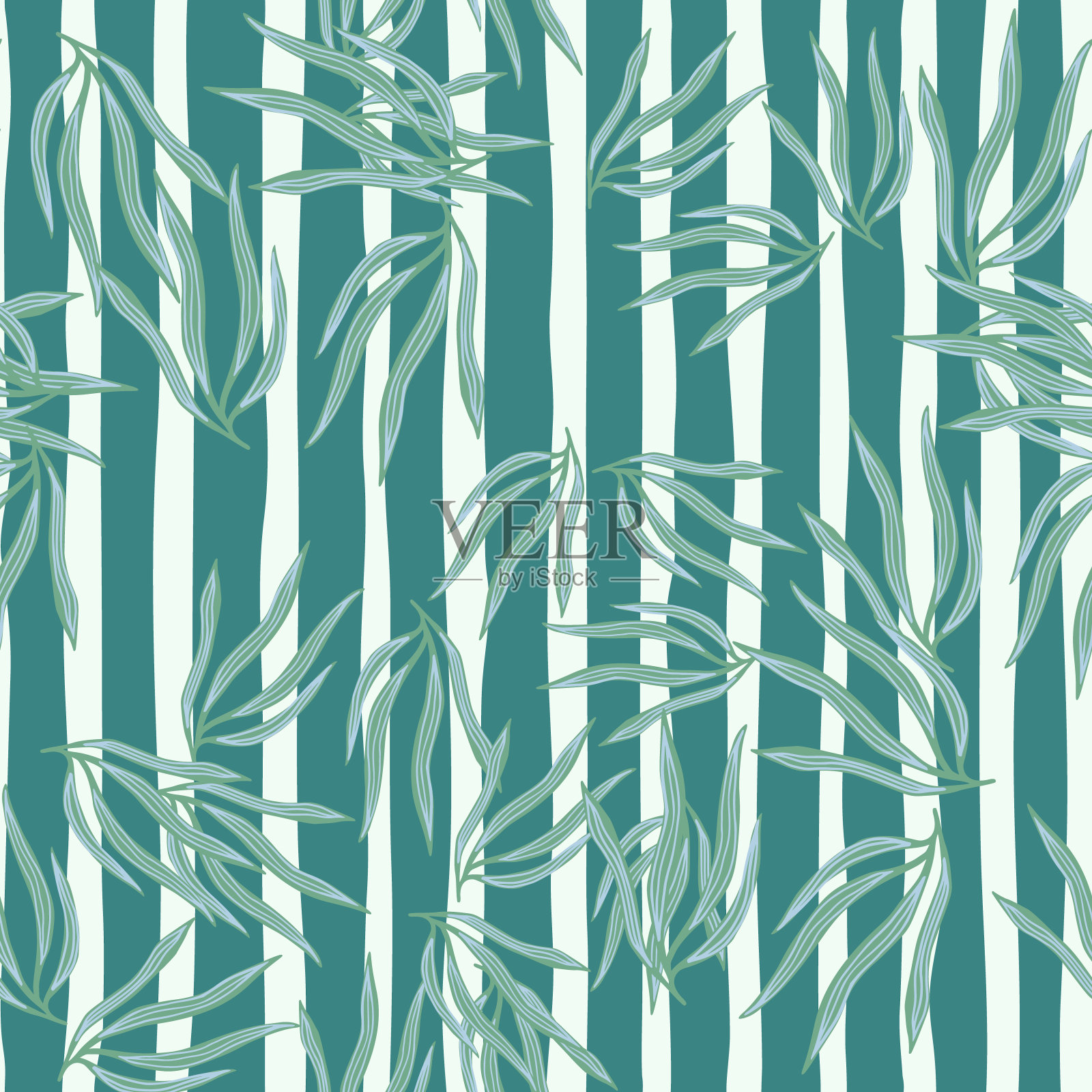 装饰热带叶无缝图案在条纹背景上。充满异域风情的夏威夷墙纸。插画图片素材
