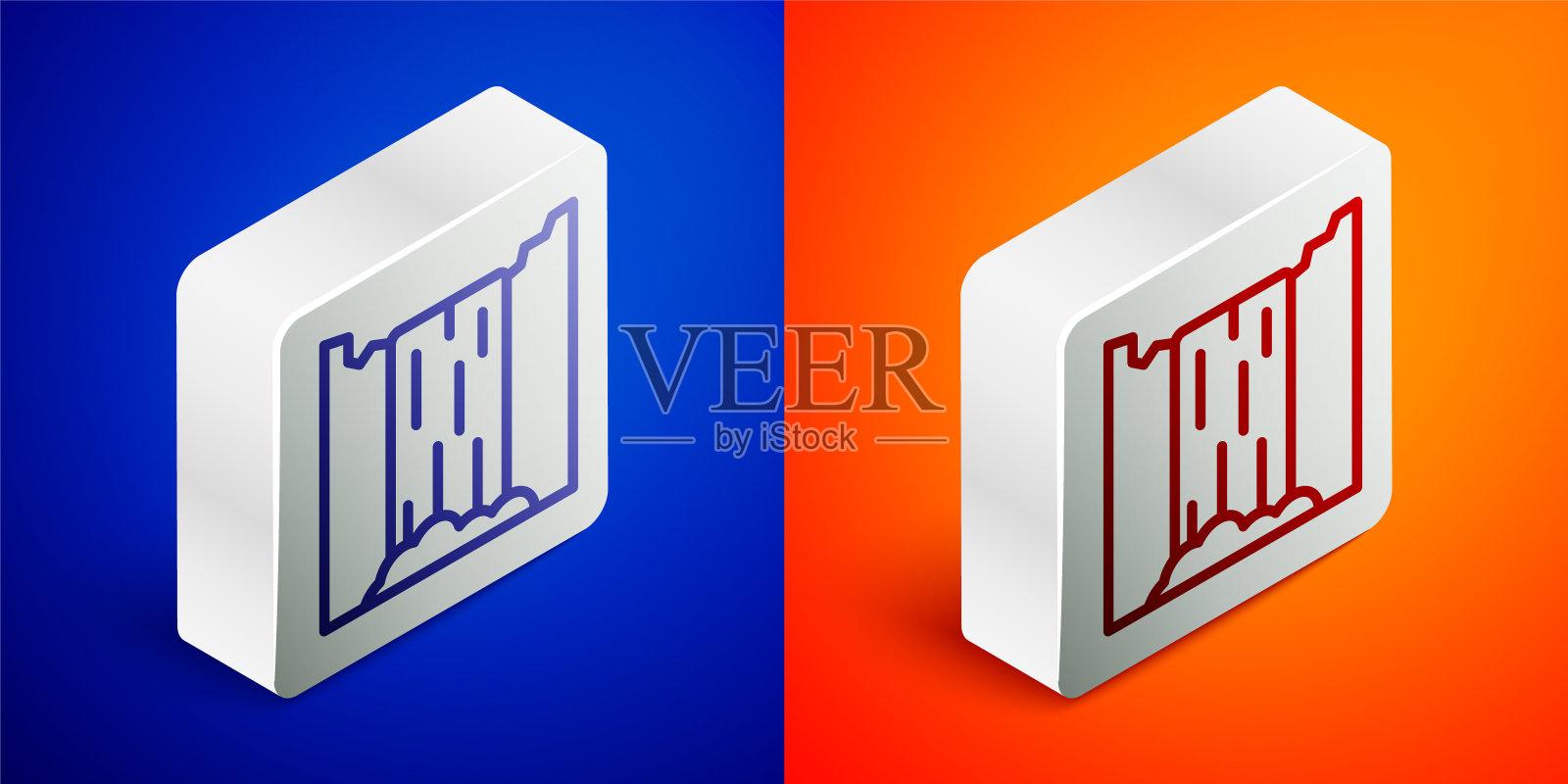 等距线瀑布图标孤立在蓝色和橙色的背景。银广场按钮。向量图标素材