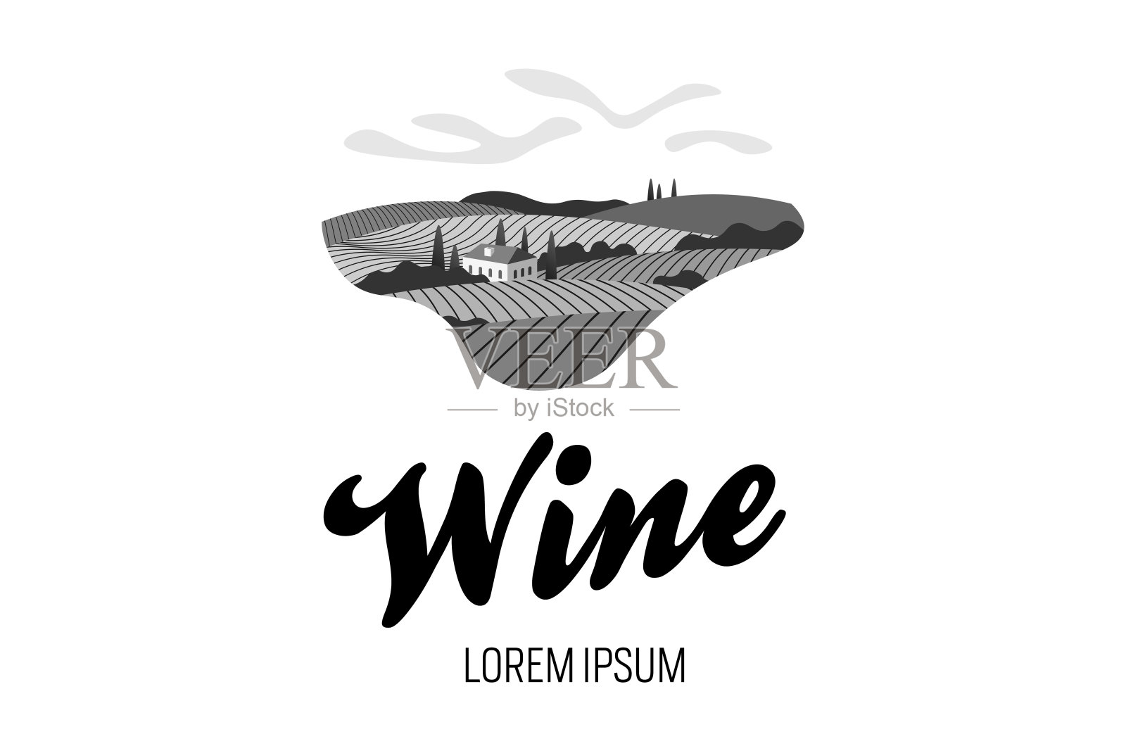 葡萄园葡萄酒葡萄山农场的标志概念。浪漫的乡村风景在阳光明媚的日子里有别墅,葡萄园,种植园小山,农场,草地和树木。矢量黑白创意符号插画图片素材