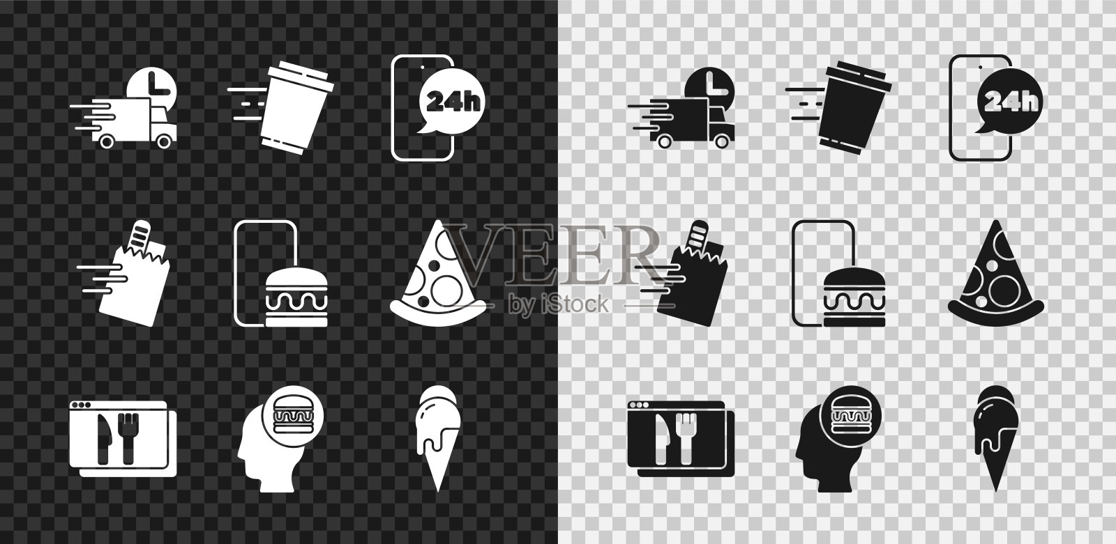 设置快速送货汽车,咖啡杯走,食品订购,在线和,冰淇淋,和图标。向量图标素材