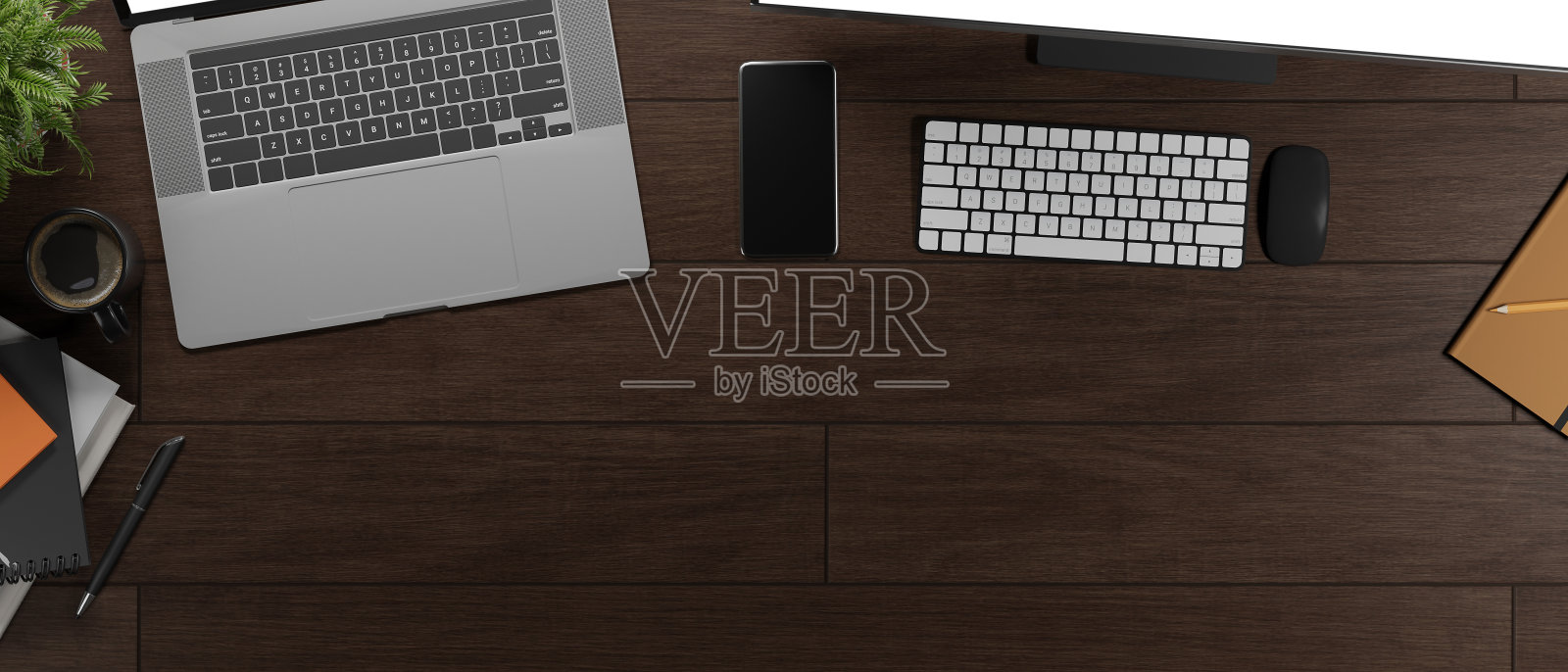 在木桌上有电脑、智能手机和笔记本电脑的现代工作区。3 d演示。照片摄影图片