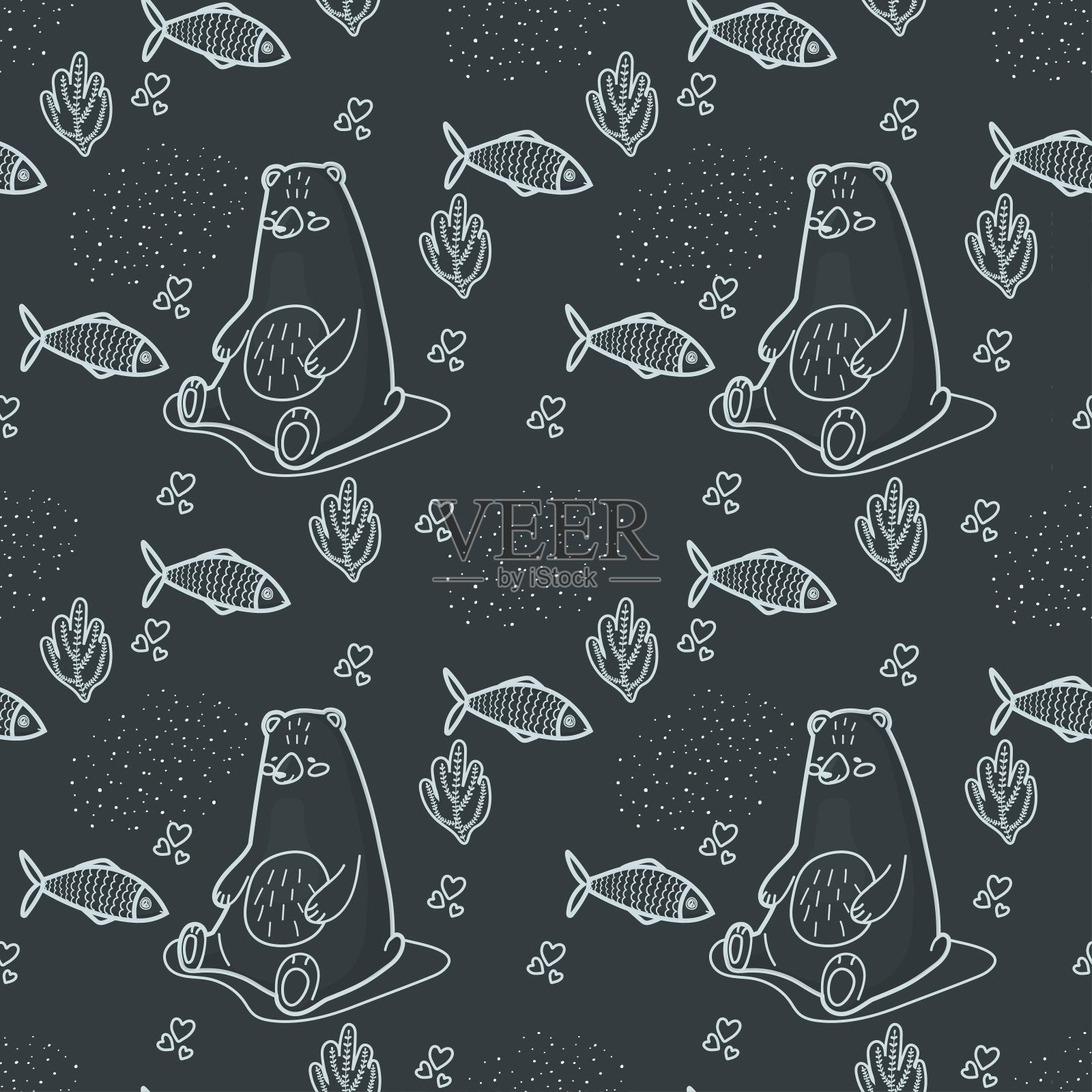 无缝模式与卡通北极熊在黑板上。插画图片素材