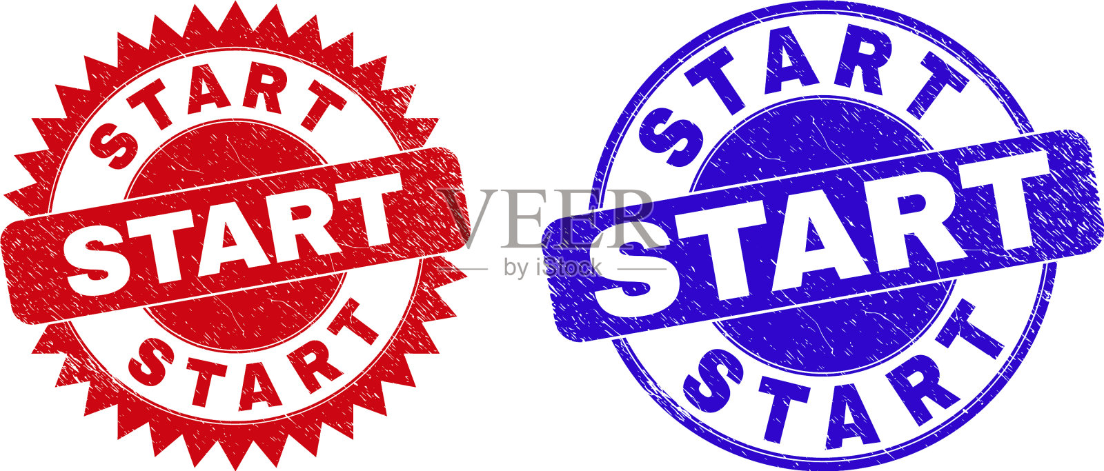 开始使用带划痕的圆形和玫瑰形封条插画图片素材