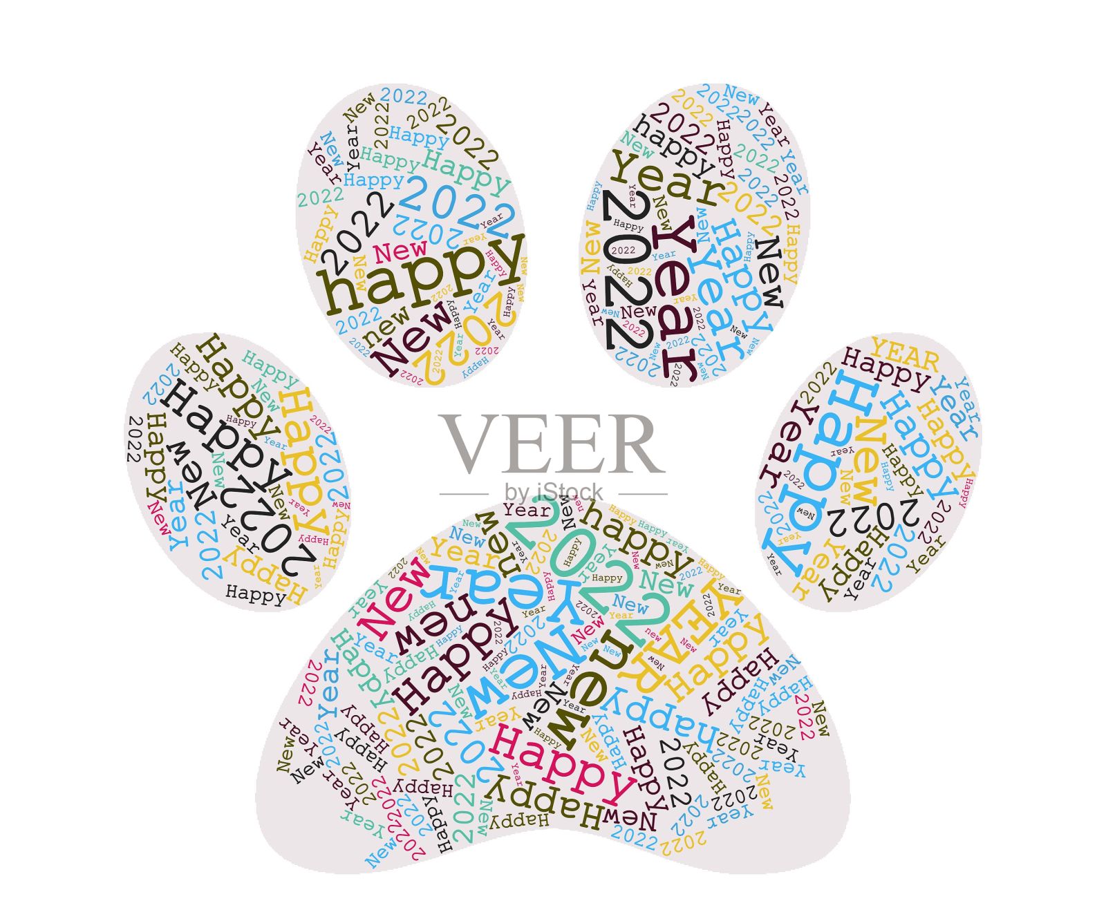 猫爪印多颜色字母,字云圣诞快乐,新年快乐插画图片素材