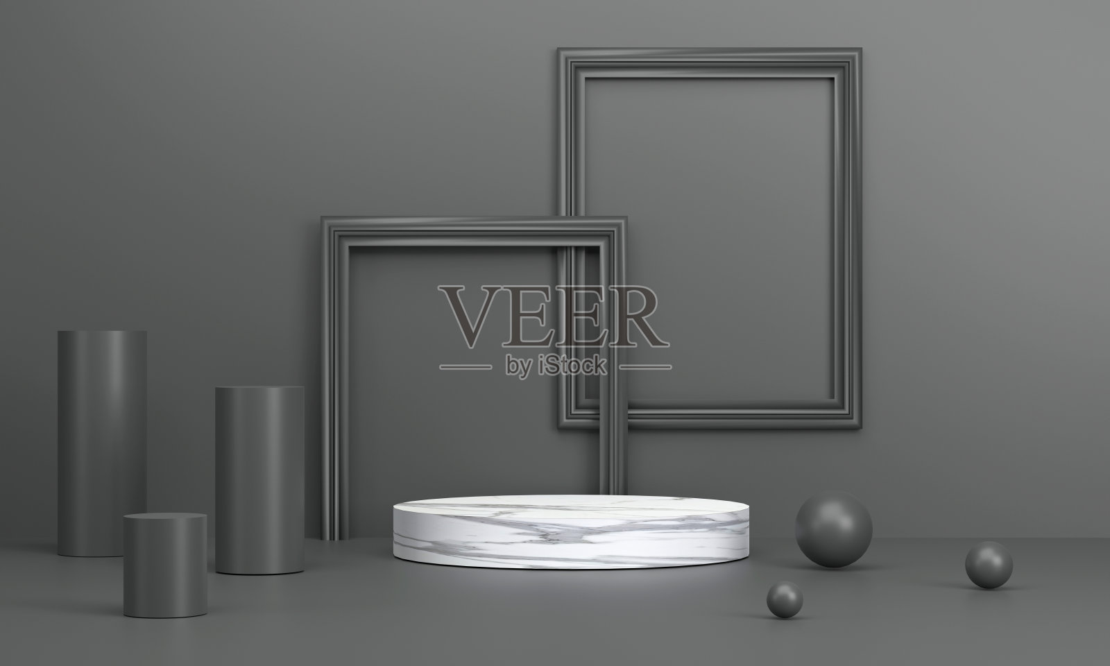 大理石圆形讲台与画框是黑色色调的背景。产品演示。照片摄影图片