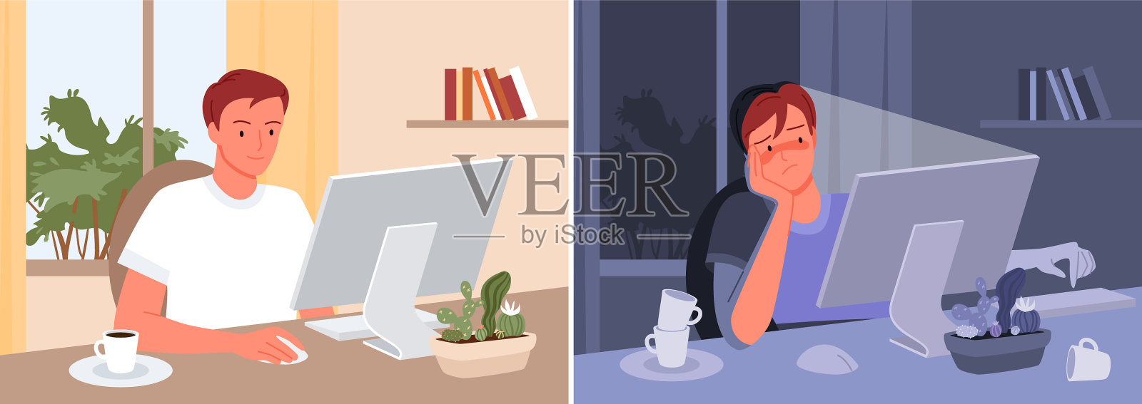 自由职业者在白天和晚上工作插画图片素材