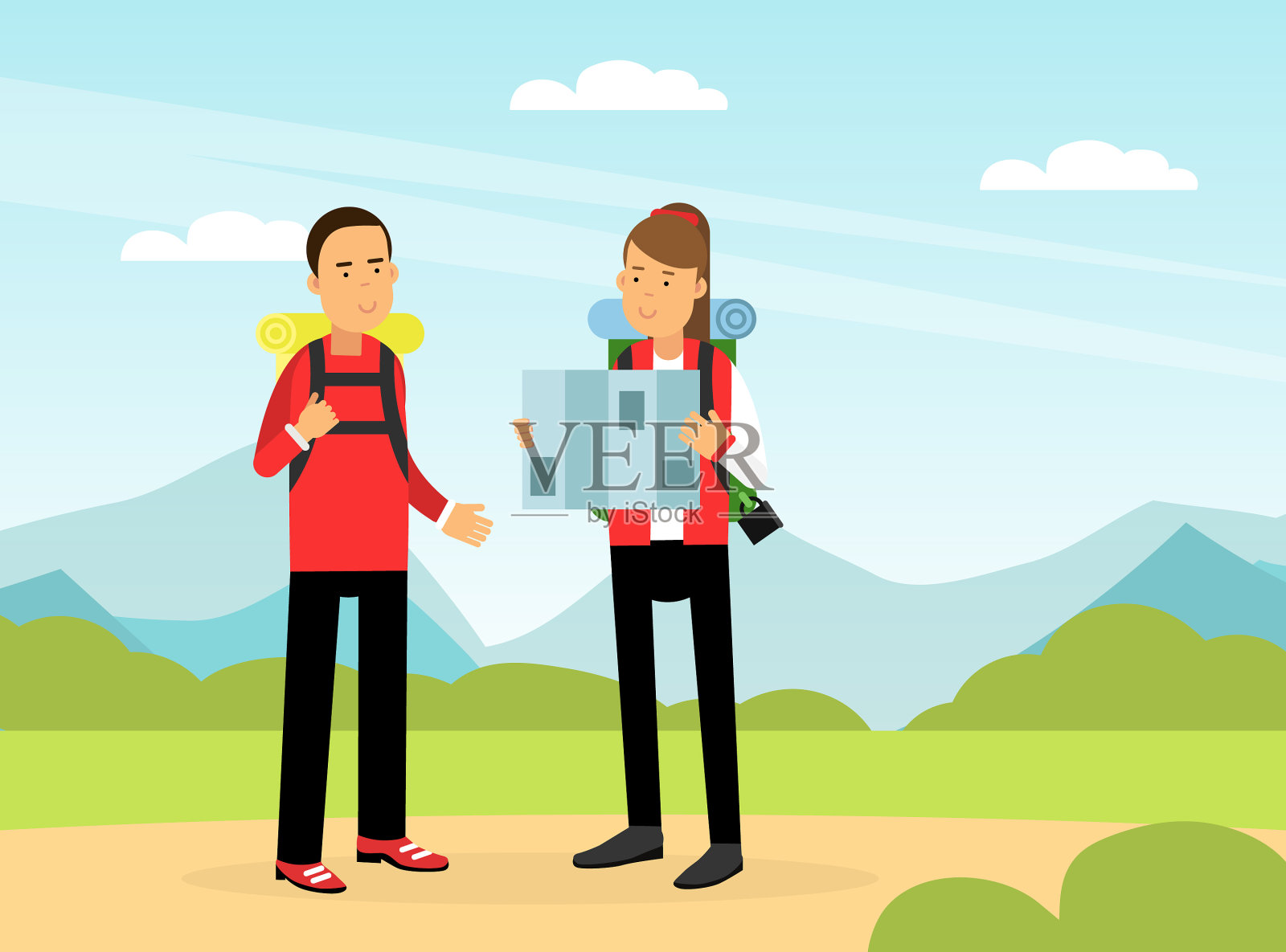 男人和女人旅游人物的背包插画图片素材