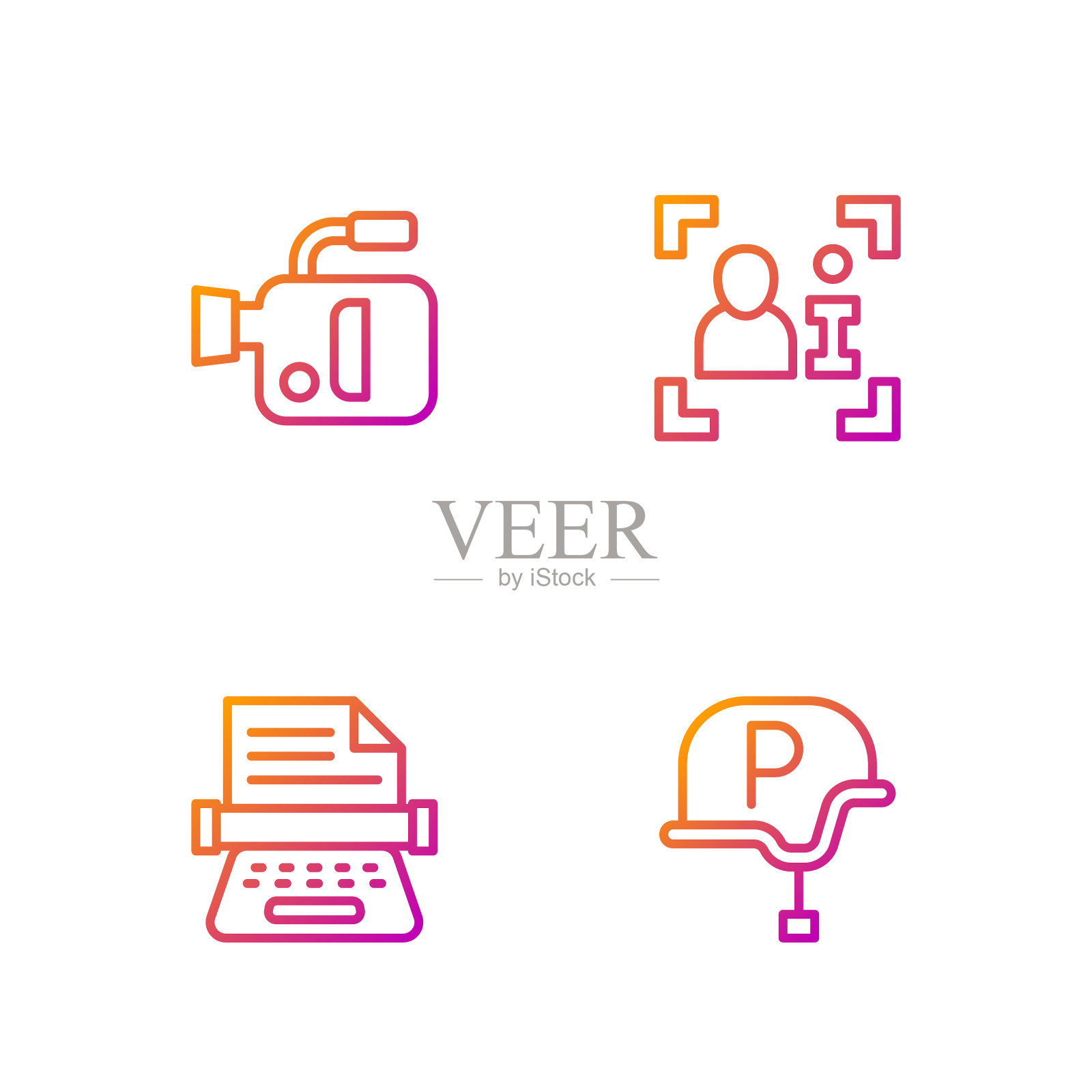 设置包含战地记者、老式打字机、电影摄影机和电视报道的线条矢量图。渐变色图标。图标素材