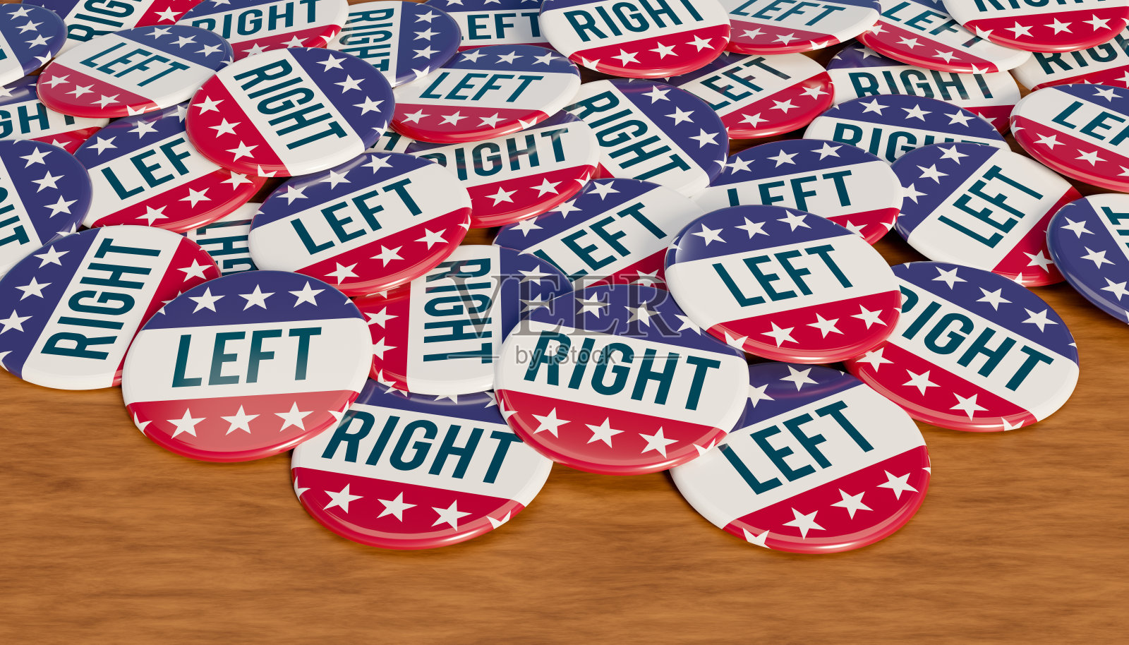 带有美国国旗的美国选举徽章特写,以及代表政治方向的“左”或“右”字样照片摄影图片