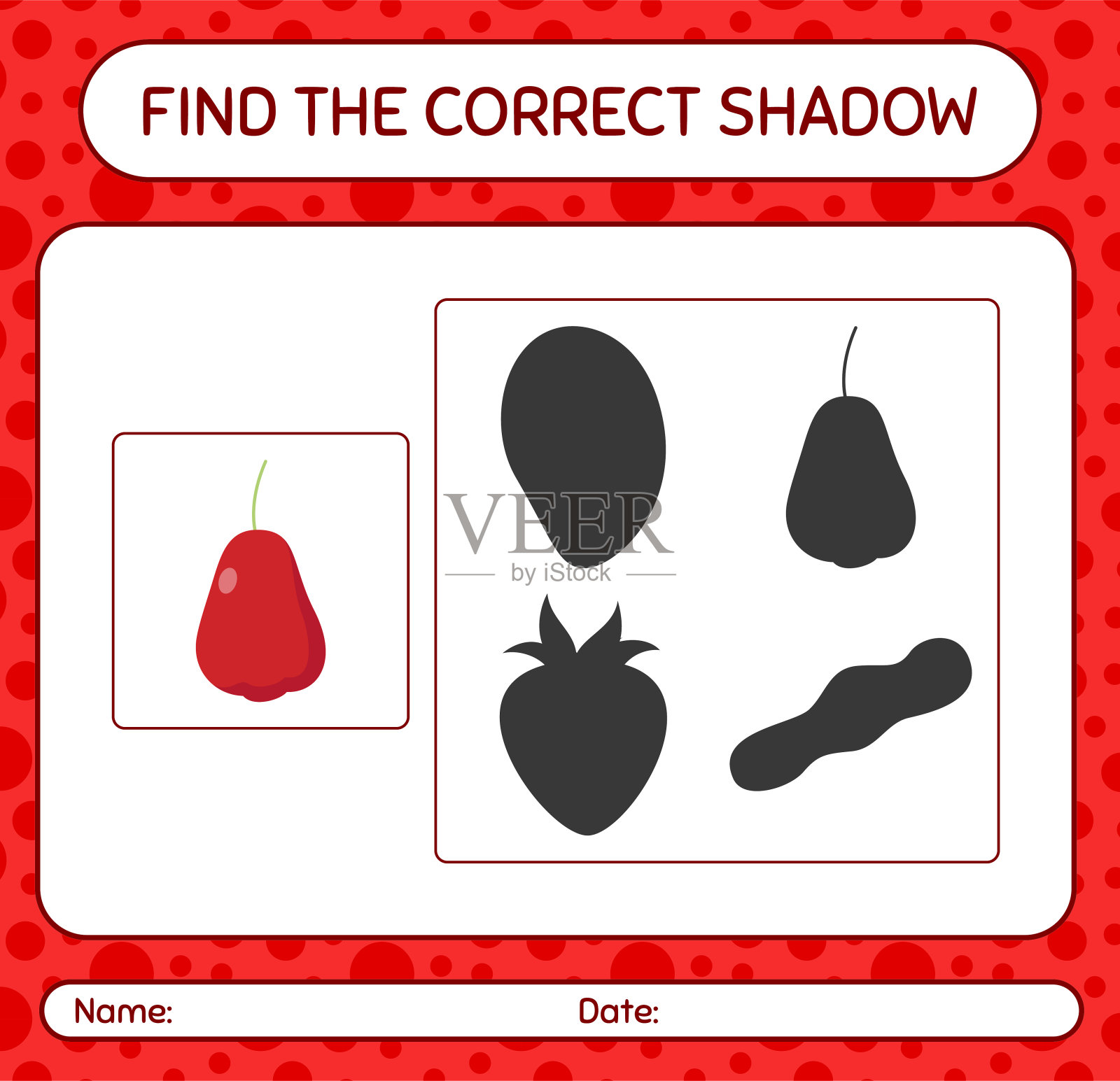 找到正确的阴影游戏与玫瑰苹果。学龄前儿童的工作表,儿童活动表插画图片素材
