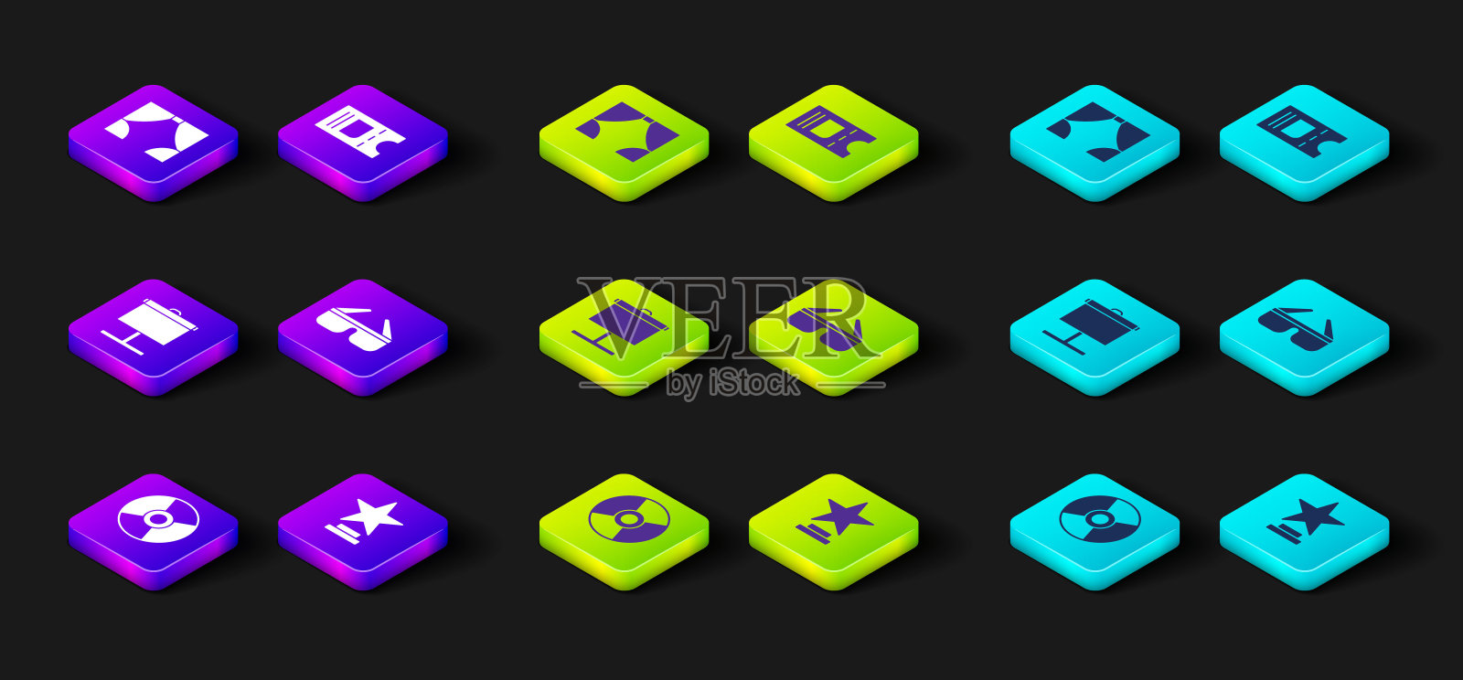 设置CD或DVD光盘,电影奖杯,投影屏幕,3D电影眼镜,电影票和窗帘图标。向量图标素材