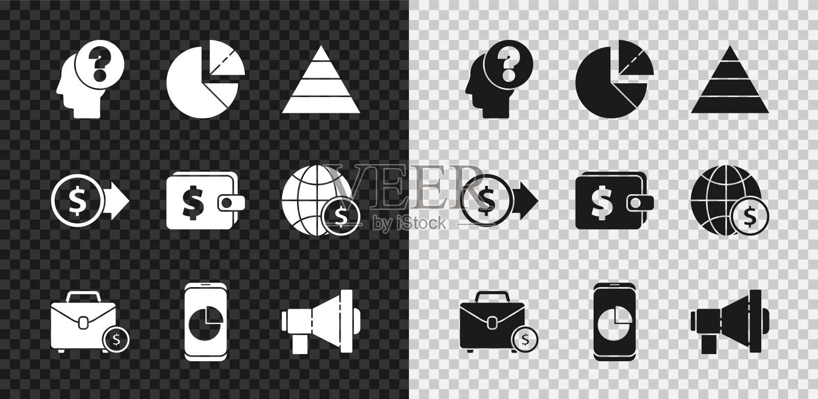 设置人头问号,饼图信息图,金字塔信息图,公文包和钱,手机,扩音器,硬币美元和钱包图标。向量图标素材