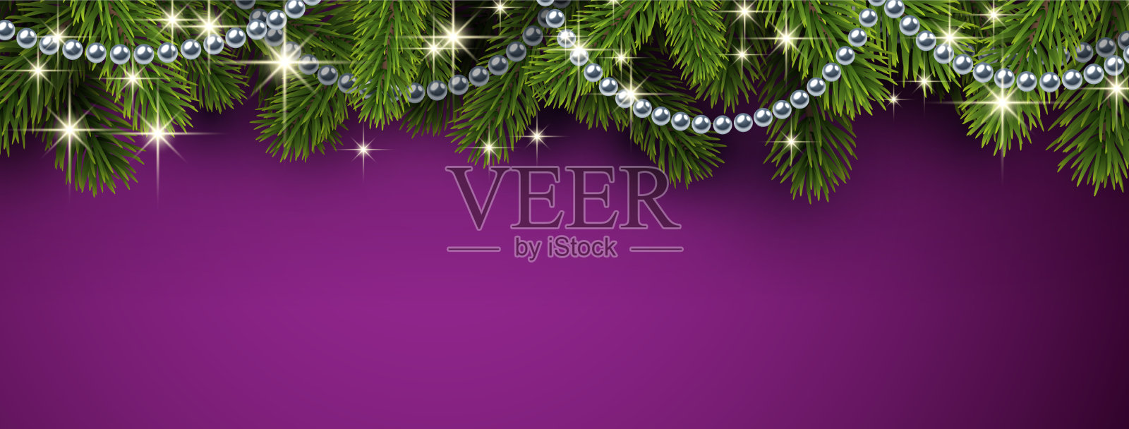 绿色云杉树枝和银色串珠花环插画图片素材