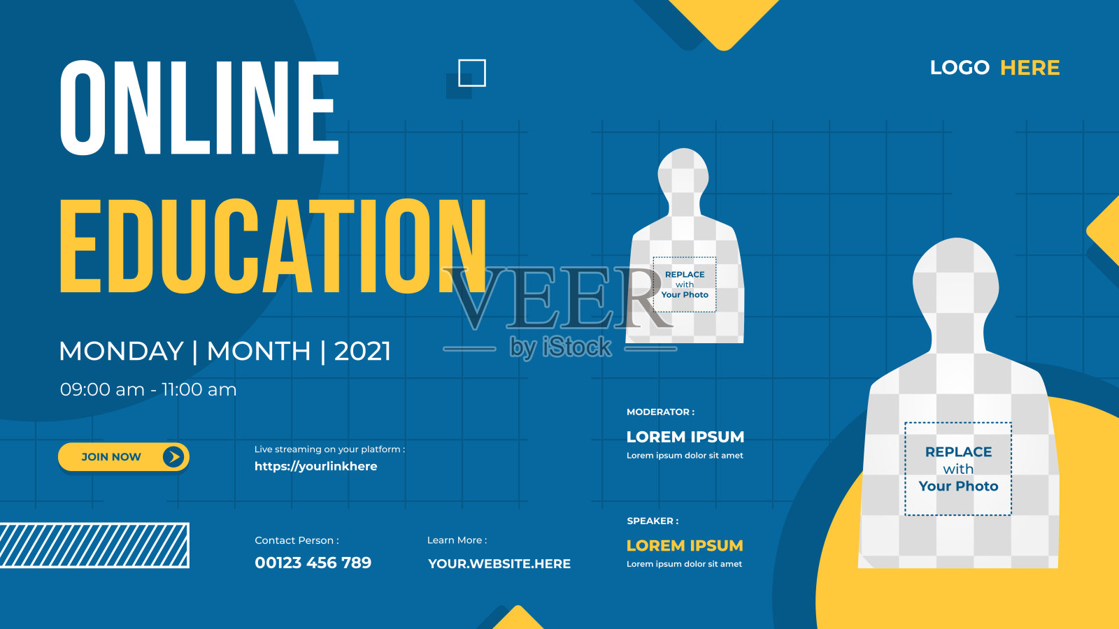 蓝色和黄色背景的网站横幅模板,用于在线教育,在线课程,课程和其他E-Learning插画图片素材