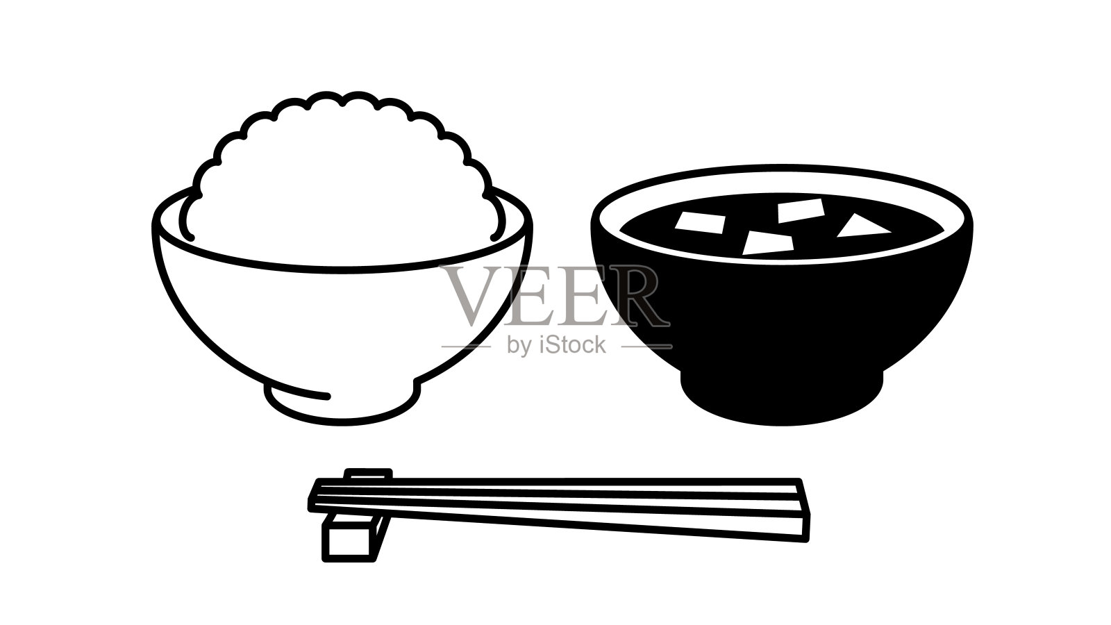 典型的日本料理。米饭,味噌汤和筷子。插画图片素材