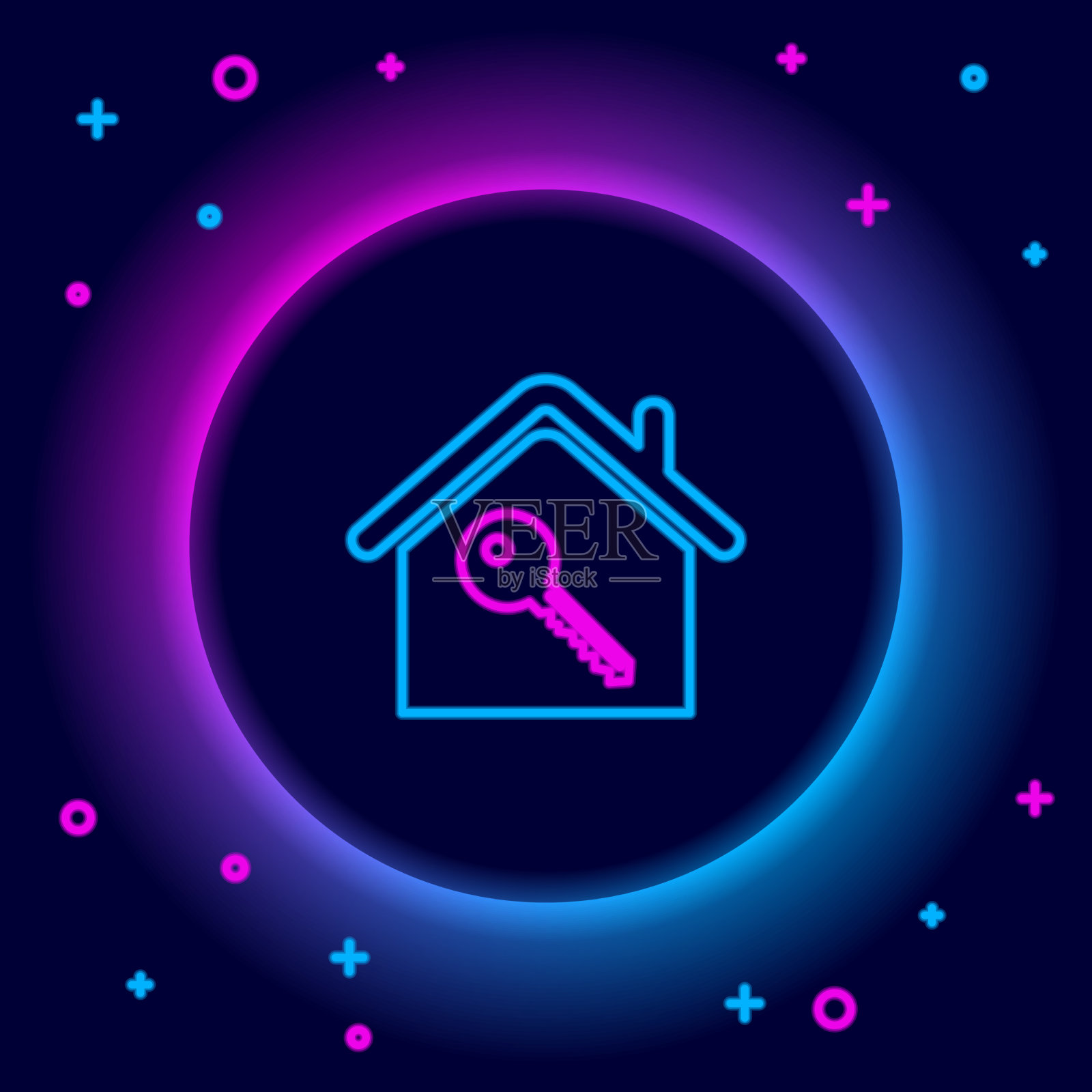 发光的霓虹灯线房子与关键图标隔离插画图片素材