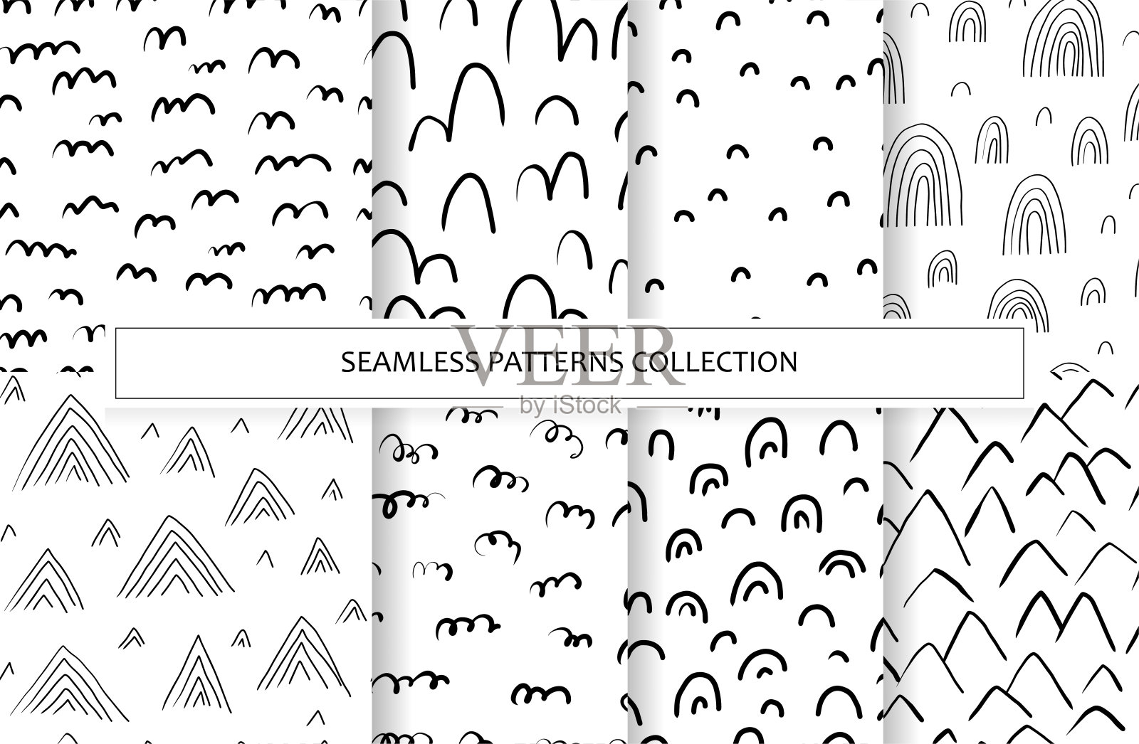 集各种抽象形状的无缝图案,山,彩虹。手绘风格的自然纹理背景。用墨水和马克笔绘制的插图在斯堪的纳维亚风格。向量插画图片素材