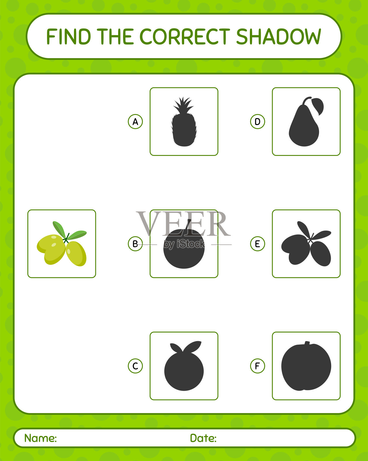 找到正确的阴影游戏与橄榄。学龄前儿童的工作表,儿童活动表插画图片素材