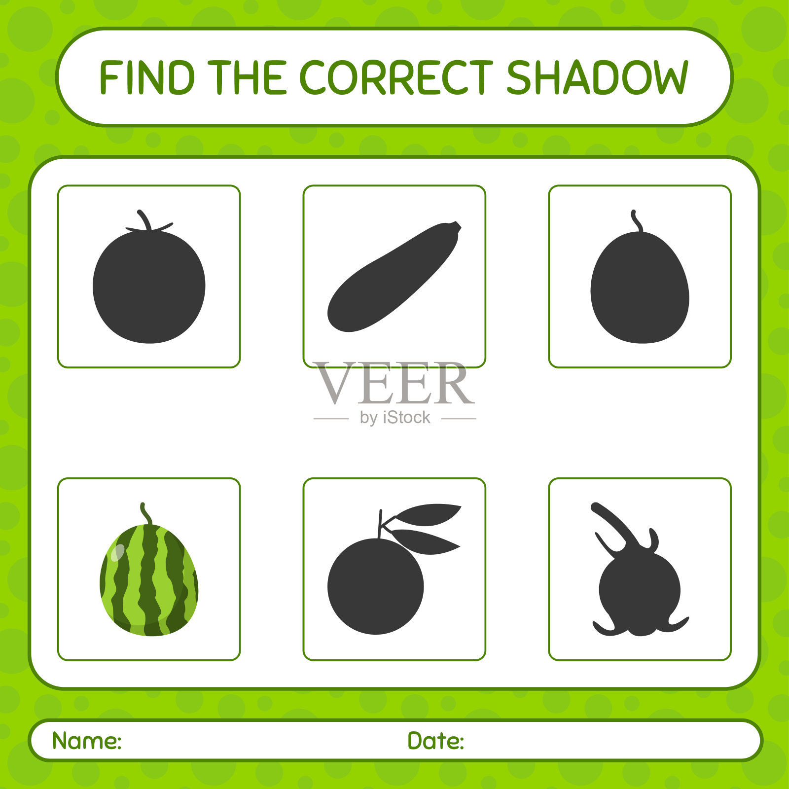 找到正确的西瓜阴影游戏。学龄前儿童的工作表,儿童活动表插画图片素材