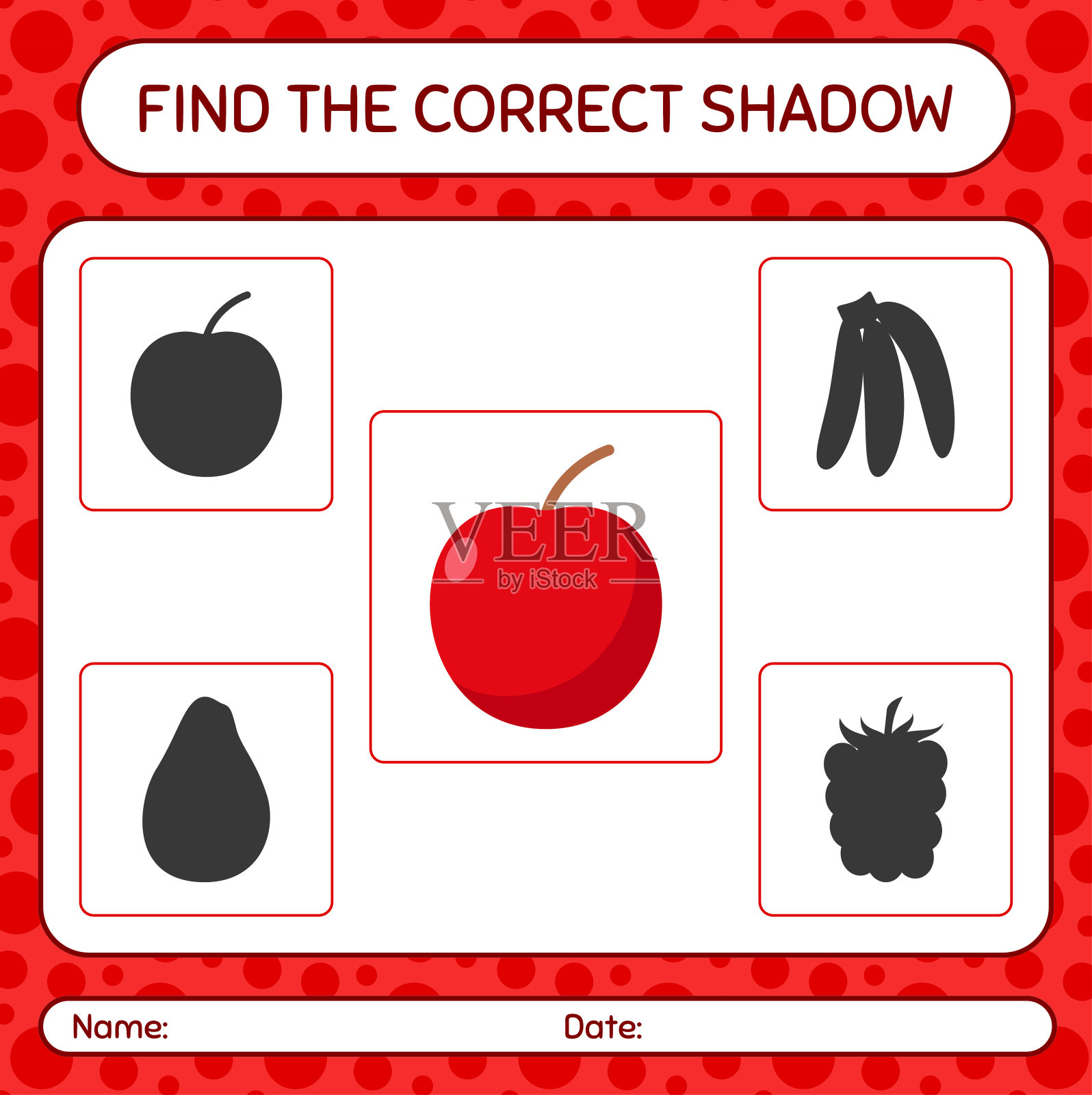 找到正确的阴影游戏与苹果。学龄前儿童的工作表,儿童活动表插画图片素材