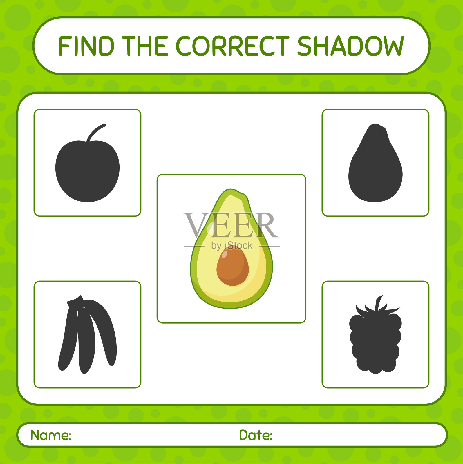用鳄梨找到正确的阴影游戏。学龄前儿童的工作表,儿童活动表插画图片素材