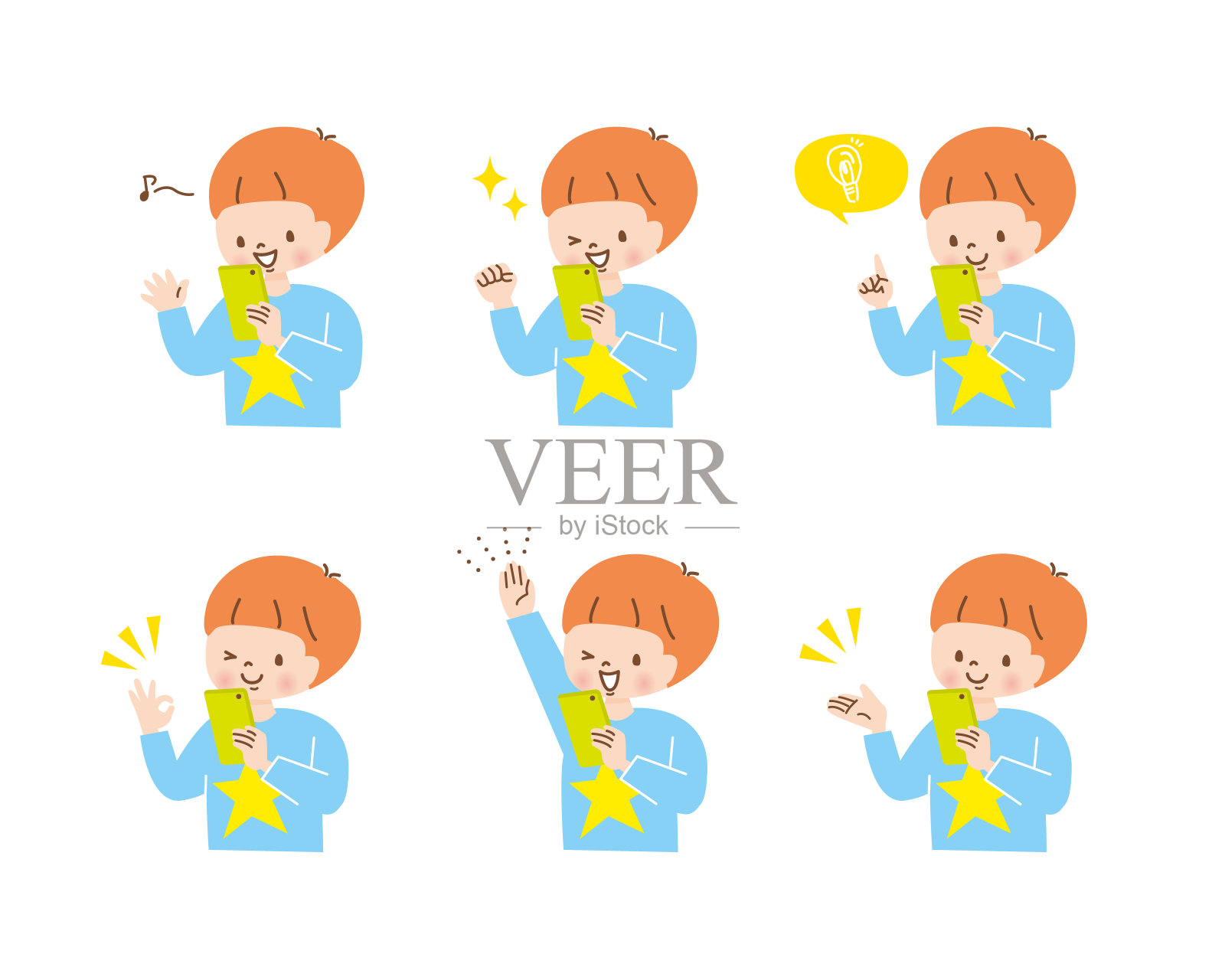 男孩在操作智能手机积极的面部表情组插画图片素材