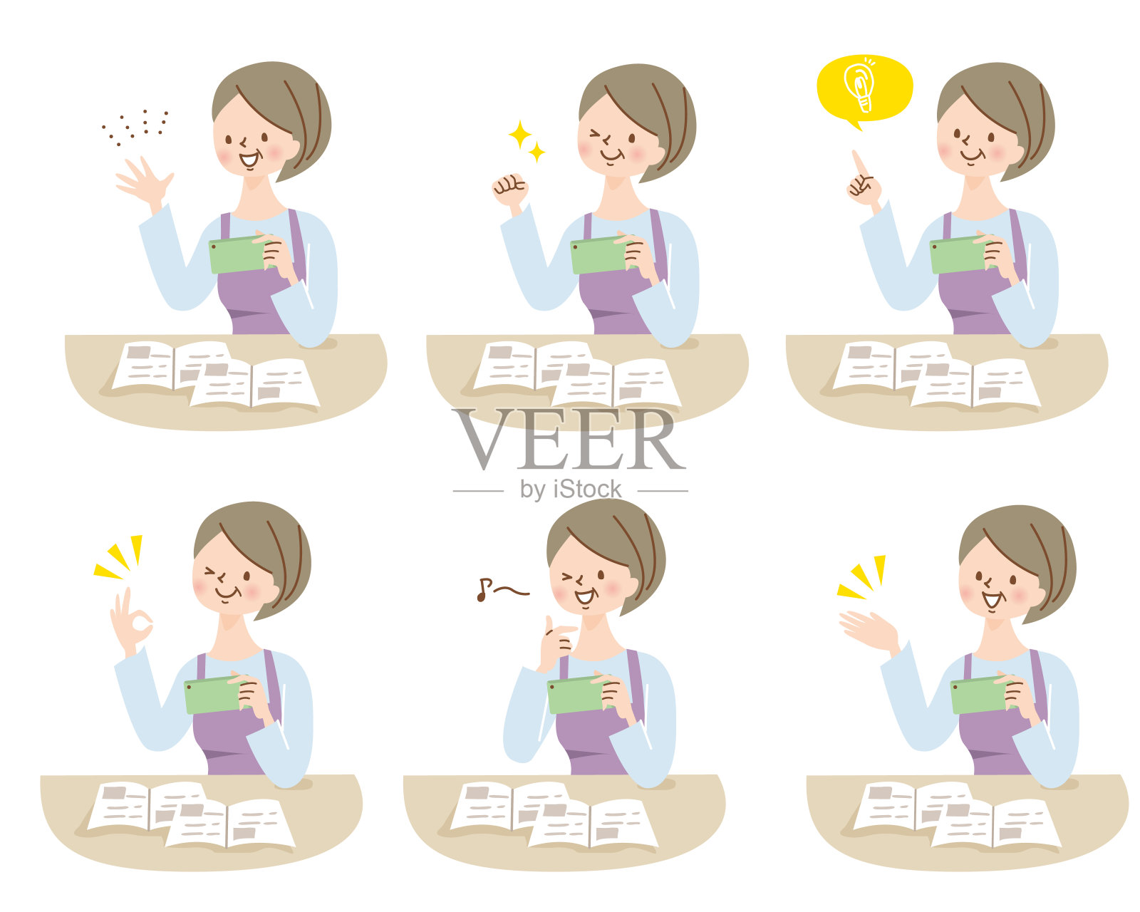 中年妇女在操作智能手机积极的面部表情集插画图片素材