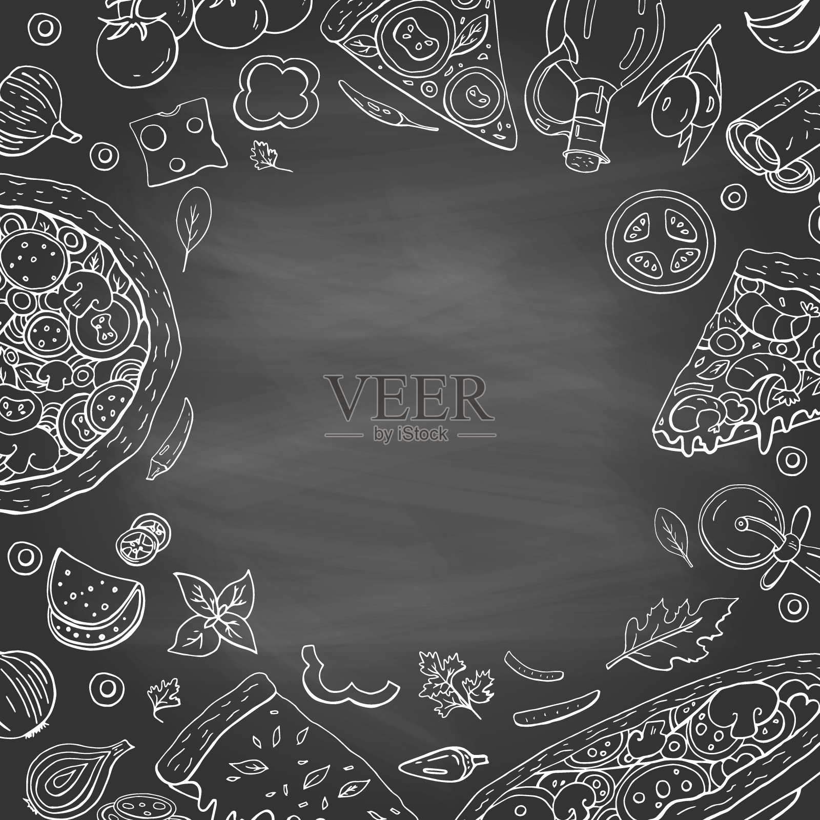 古董披萨收藏背景。矢量手绘快餐收集咖啡馆和餐馆菜单。插画图片素材