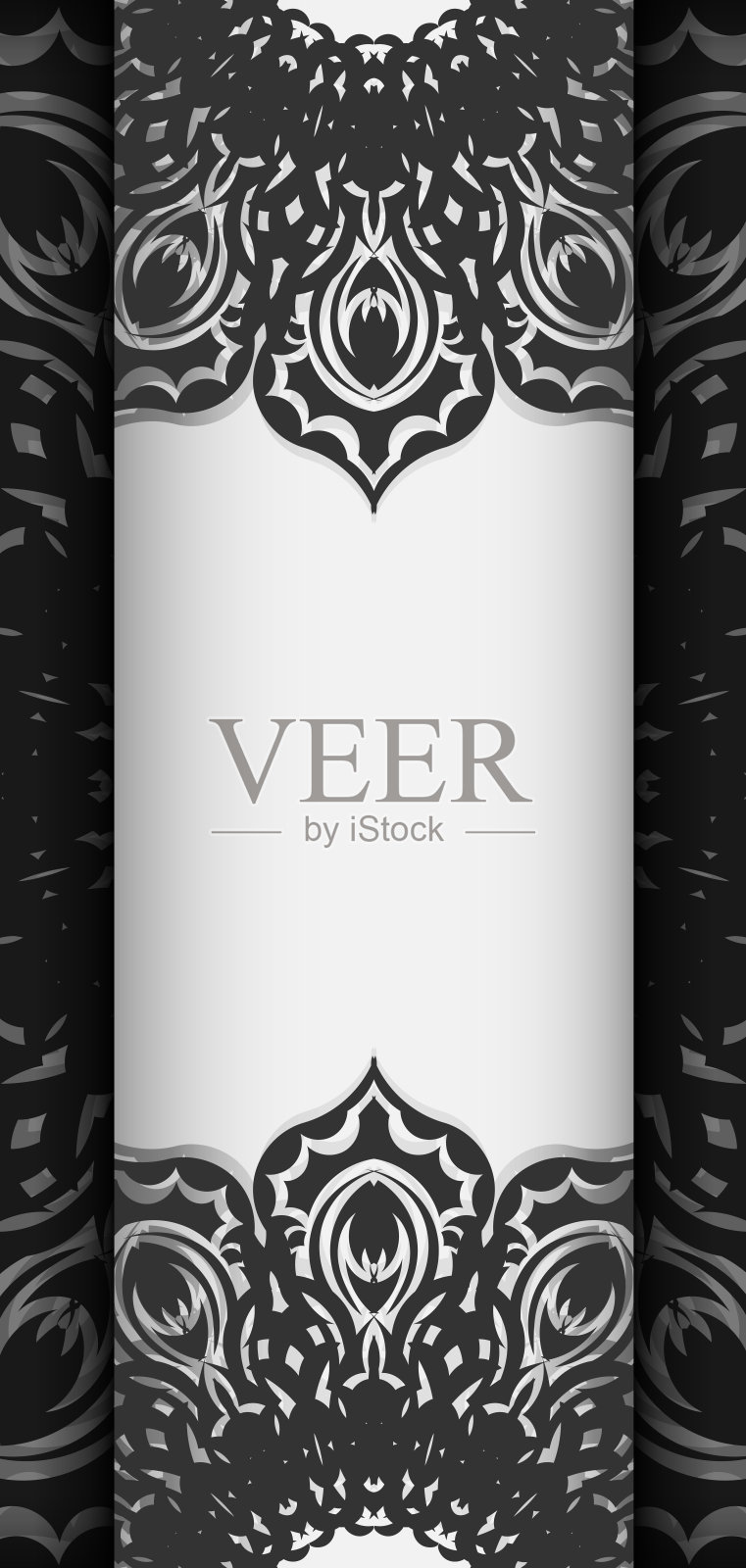 向量邀请卡与您的文本和装饰的地方。明信片设计在白色与黑色曼荼罗图案。插画图片素材