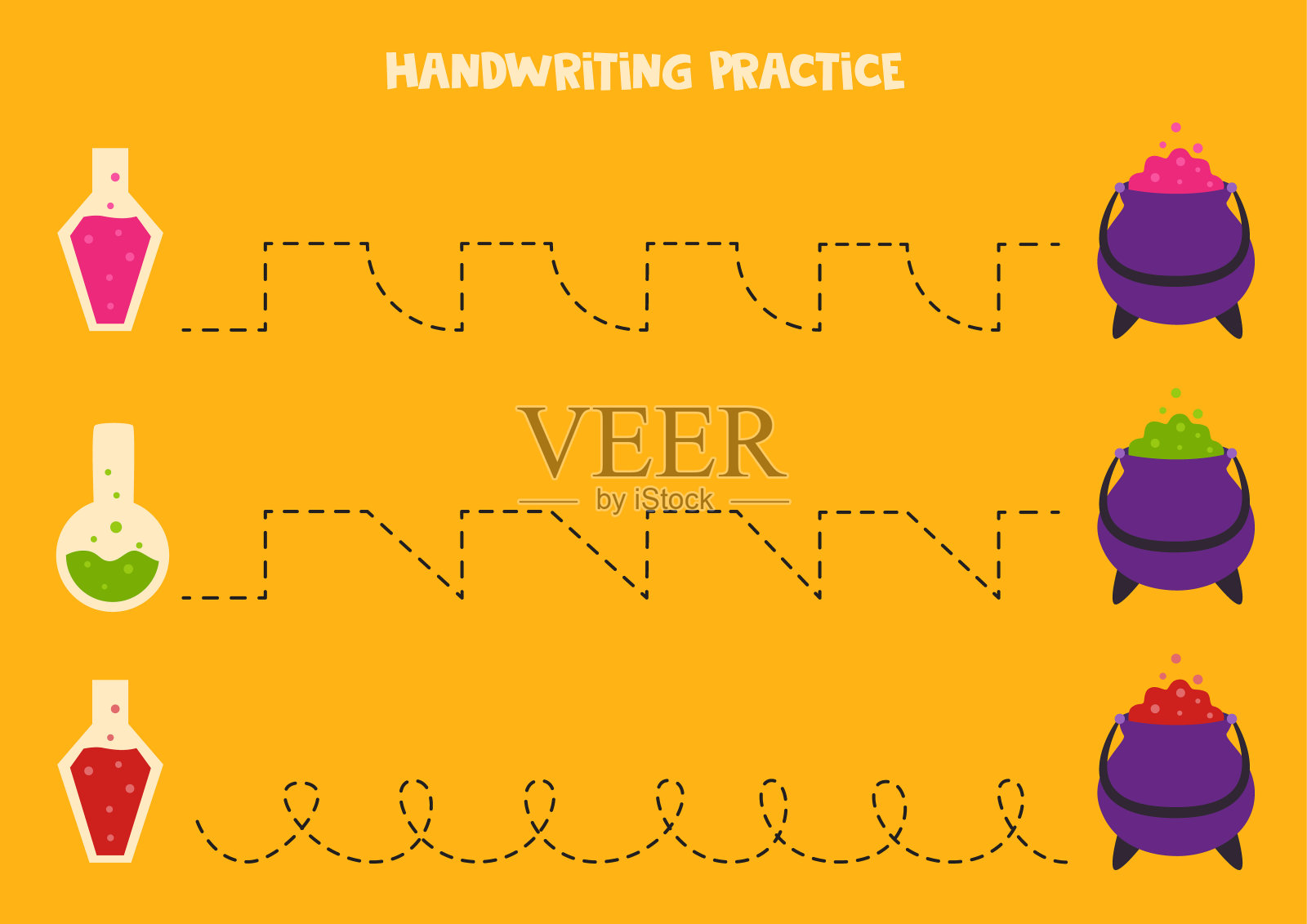 用魔药和坩埚画线。写作练习。插画图片素材