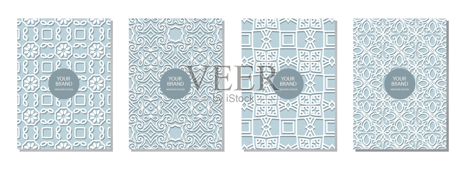 封面设计集,垂直矢量模板。几何镂空白色图案在蓝色背景与文本框架上的阿拉伯式风格。插画图片素材