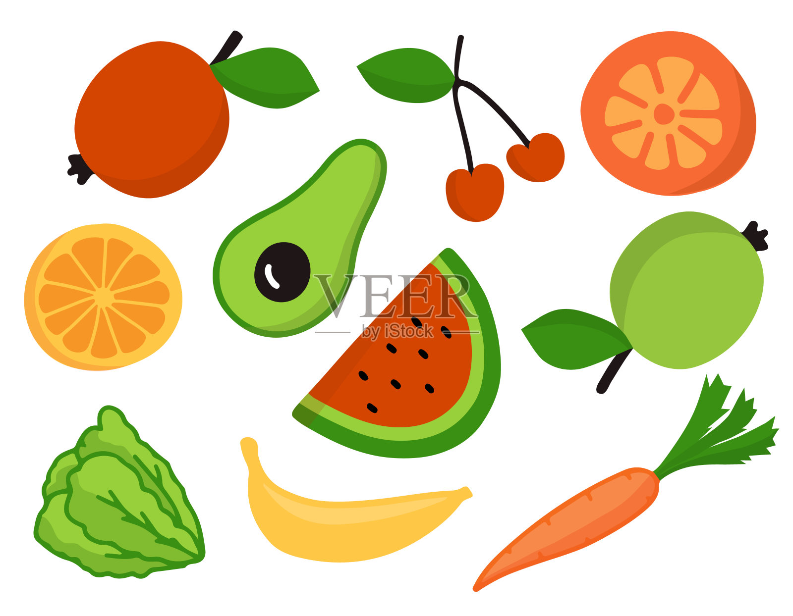 卡通风格的水果和蔬菜健康食品套装插画图片素材