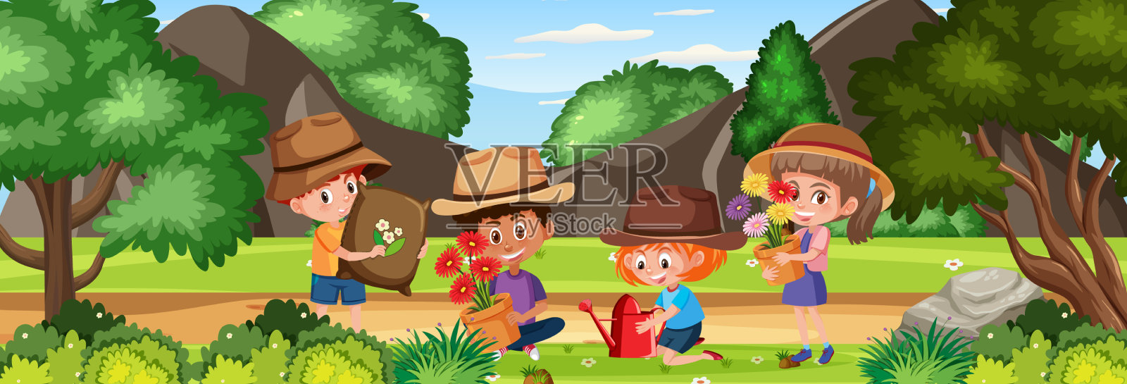 户外场景与园丁的孩子在大自然插画图片素材