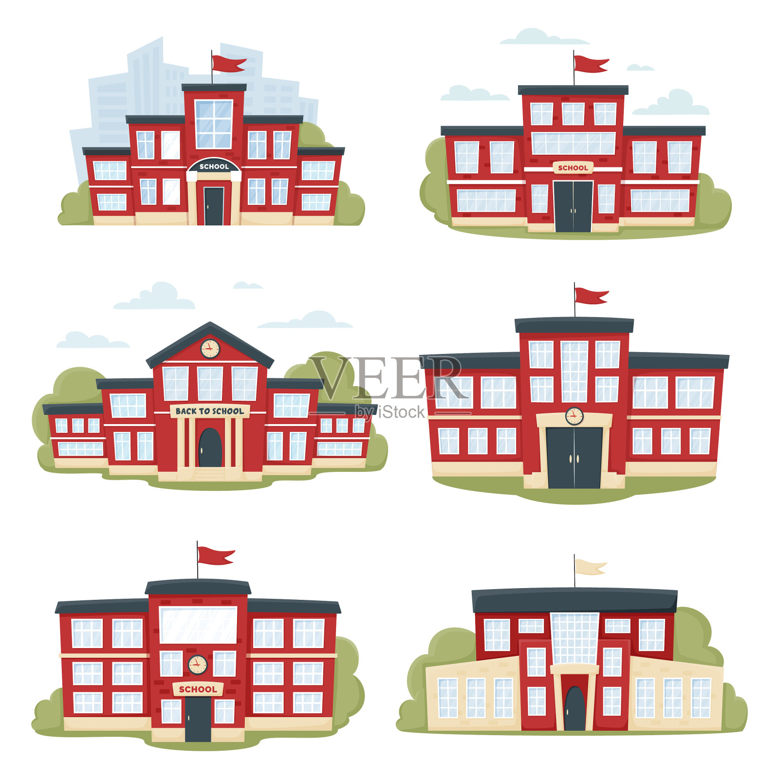 一套现代化的校舍用红色配成插画图片素材