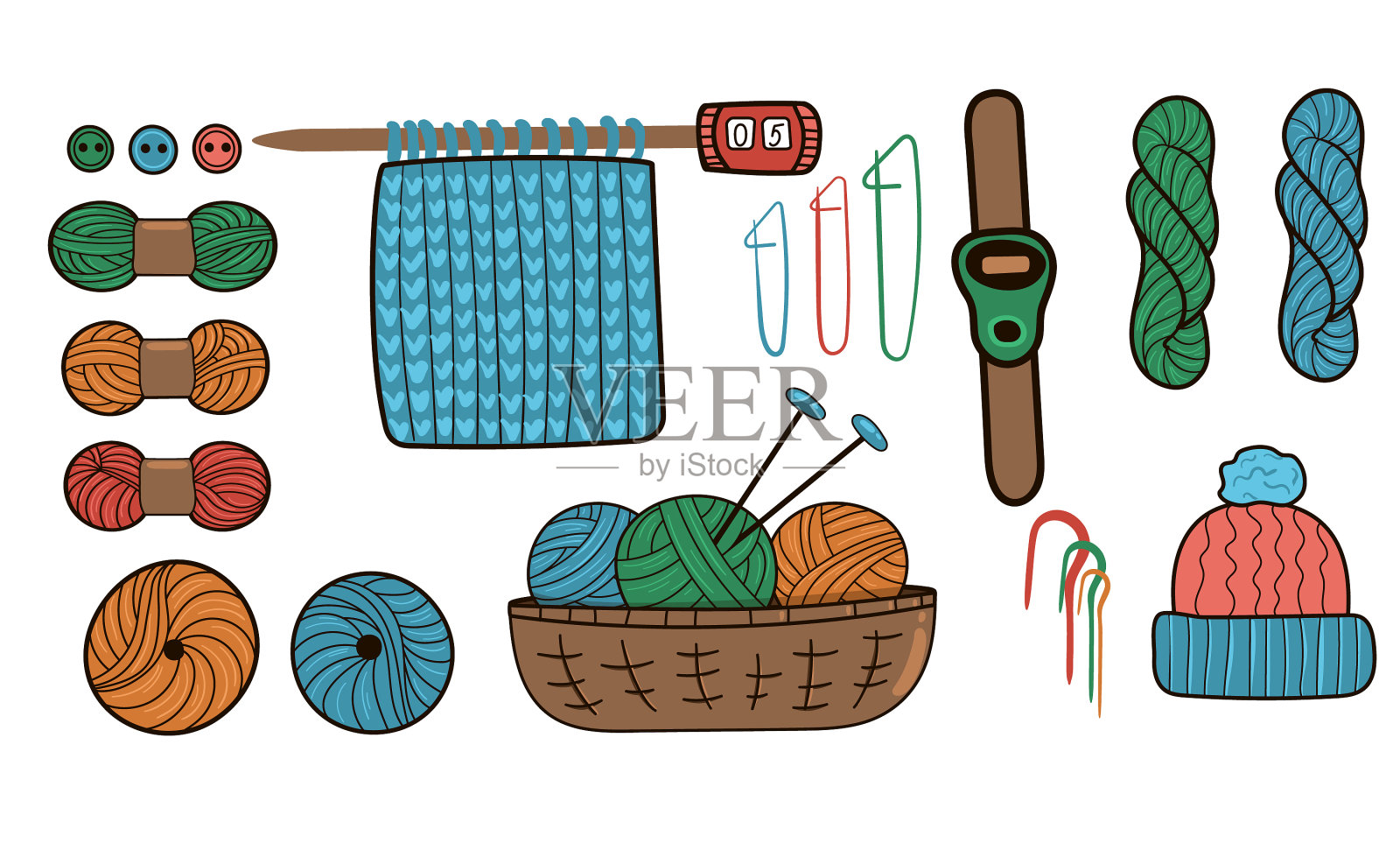 一套羊毛球和针织针插画图片素材