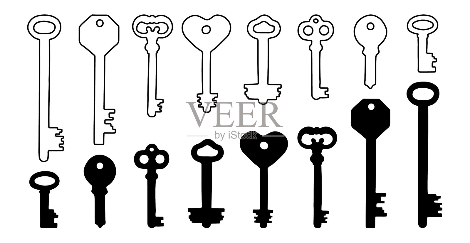 复古和现代的钥匙设置手绘钥匙图标素材