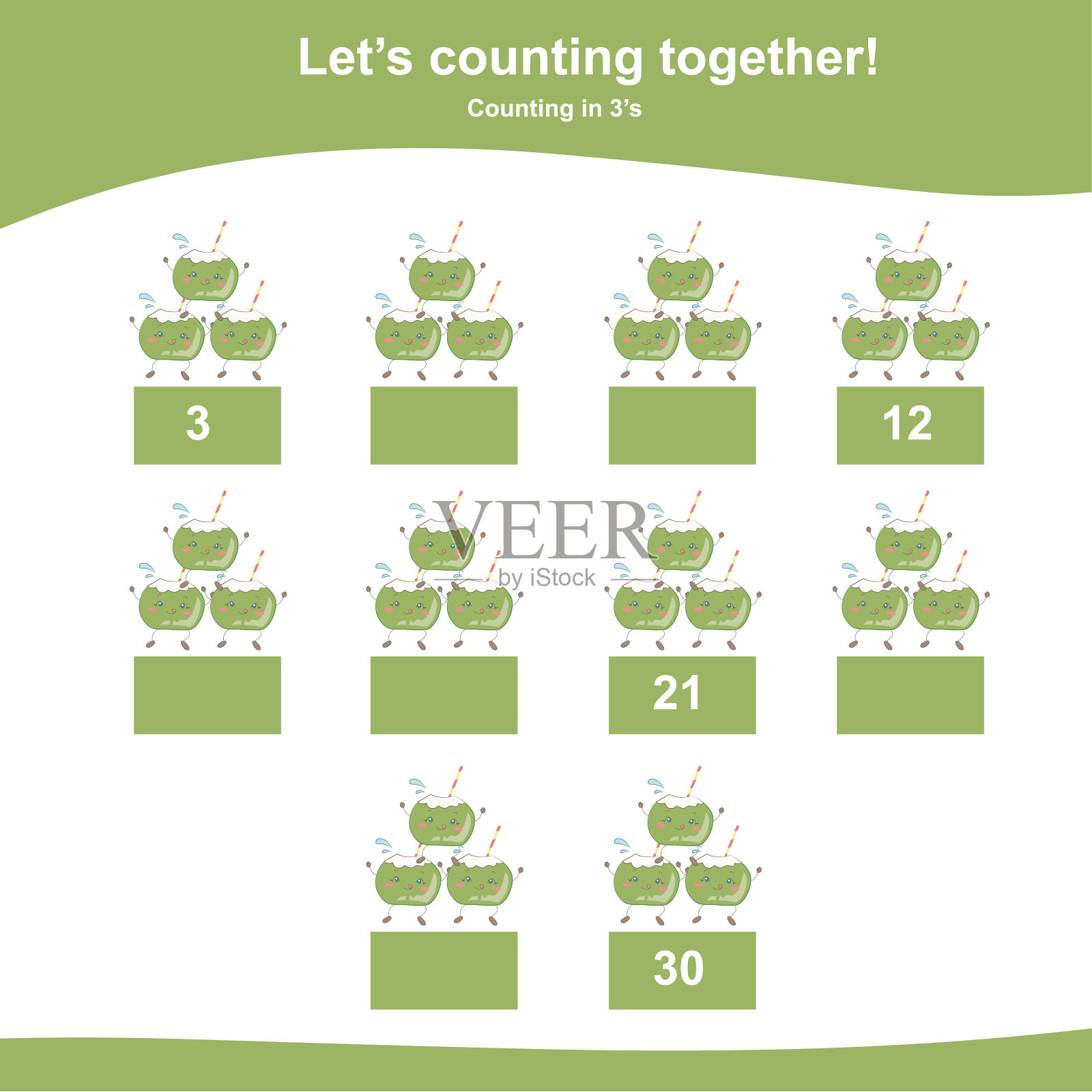 数三分数椰子给孩子插画图片素材