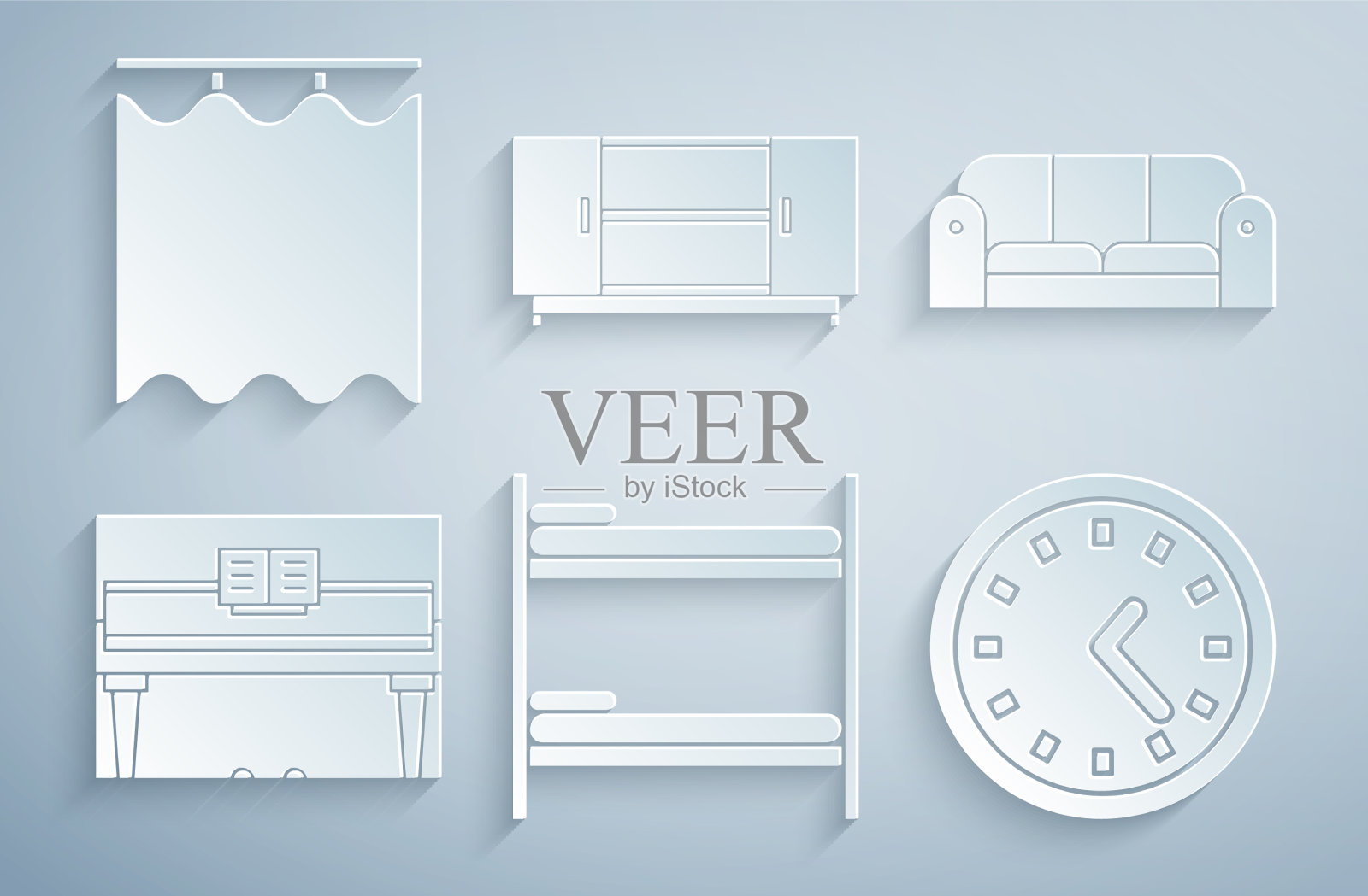 设置双层床,沙发,钢琴,钟,电视,桌子图标素材