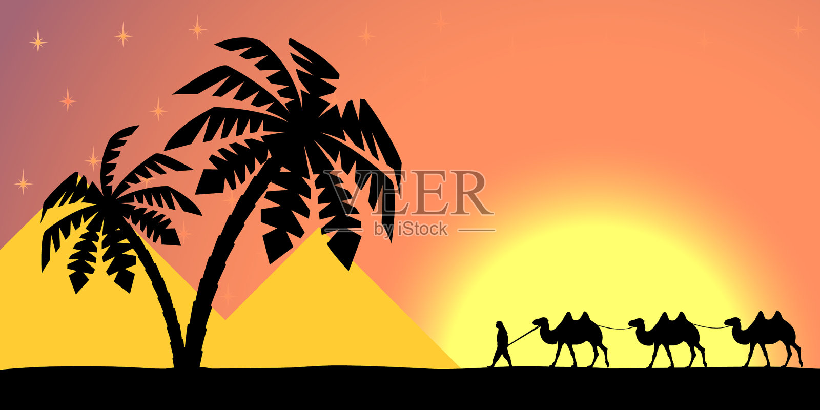 日落时分,在棕榈树上骑骆驼的人插画图片素材