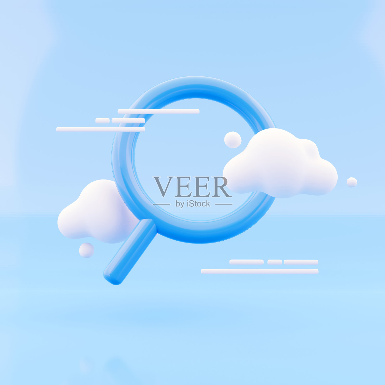 3d渲染搜索图标与云的蓝色背景。放大镜,放大镜,搜索图标3d渲染抽象背景照片摄影图片