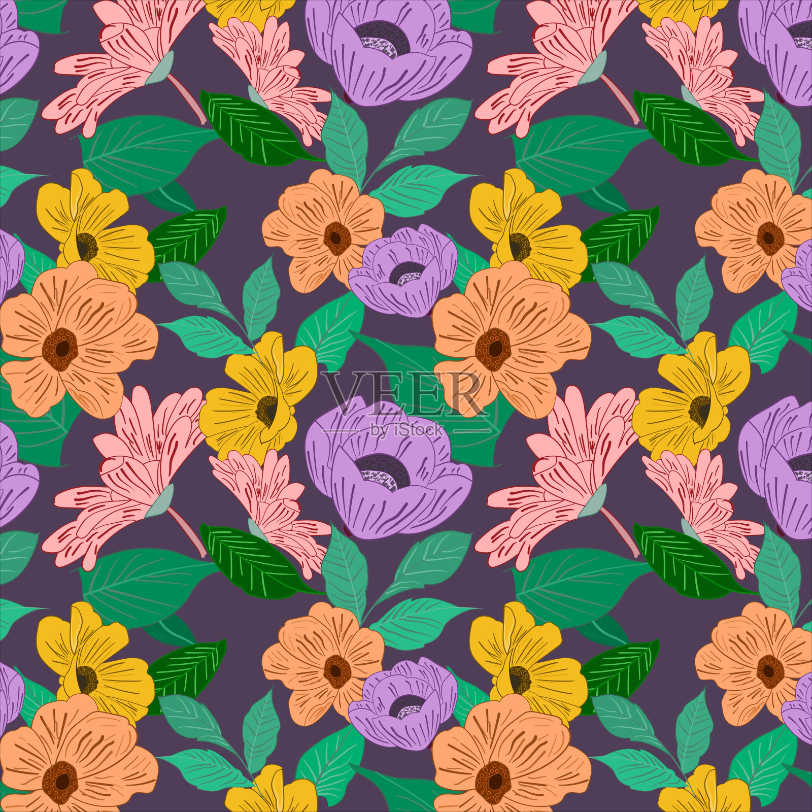 色彩鲜艳的花朵与绿色叶子的无缝图案,深色的紫罗兰色背景。美丽的花卉图案。插画图片素材