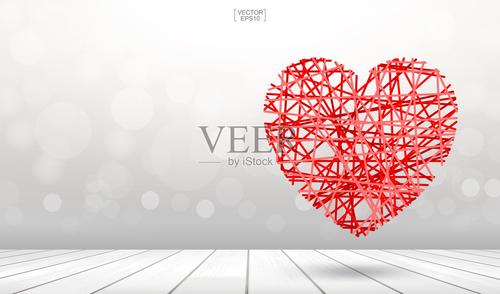 抽象的背景红色的心漂浮在木制纹理与光模糊的散景。插画图片素材