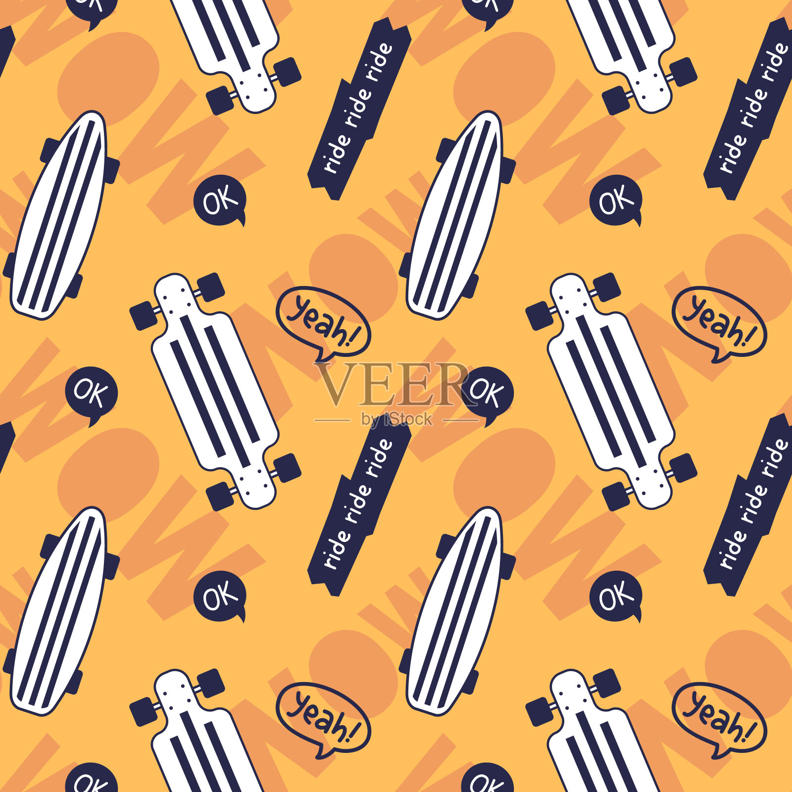 矢量插图的滑板。滑板黄色无缝图案与白色滑板和字。线条艺术平面风格溜冰背景插画图片素材
