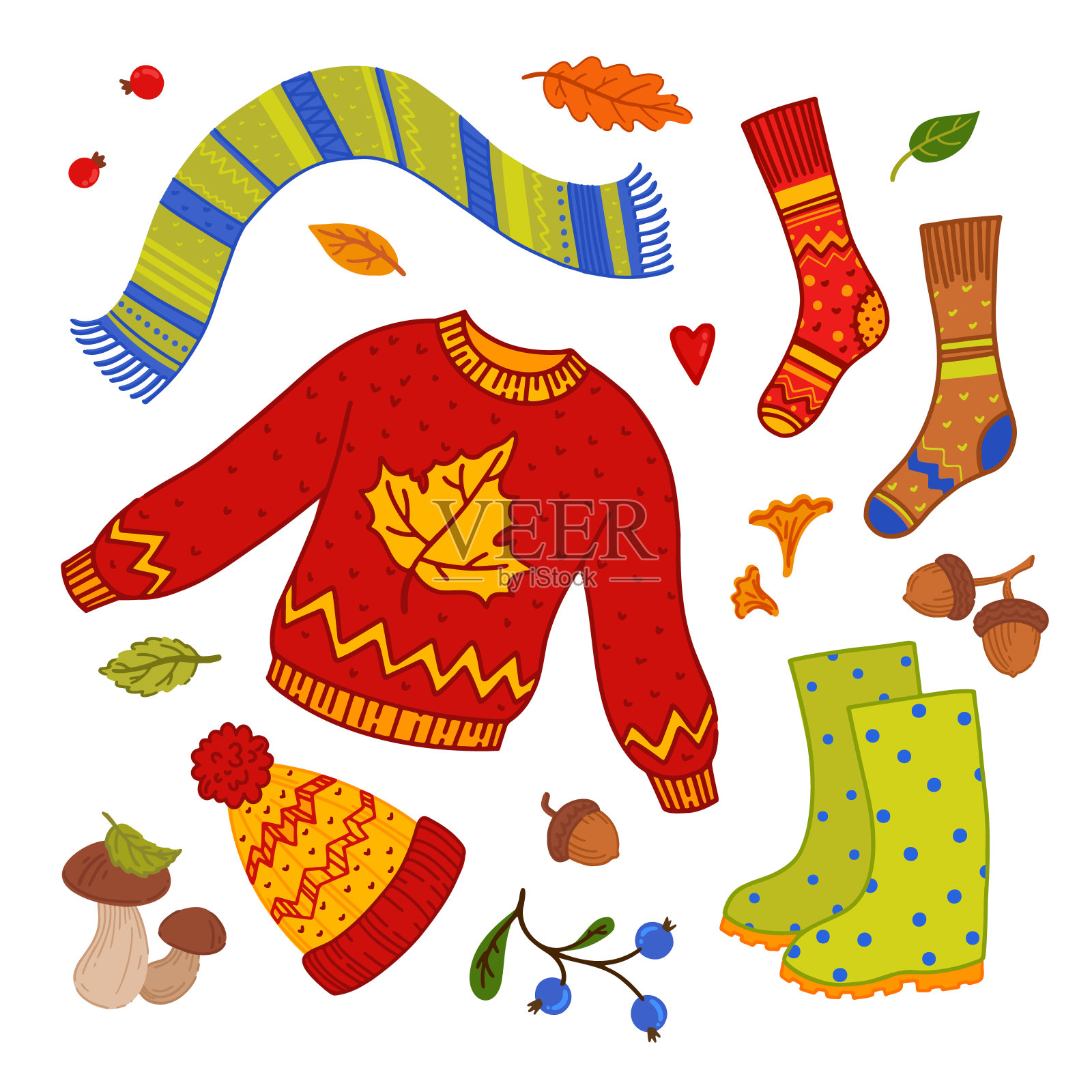 舒适的秋天元素设置。舒适暖和的衣服插画图片素材