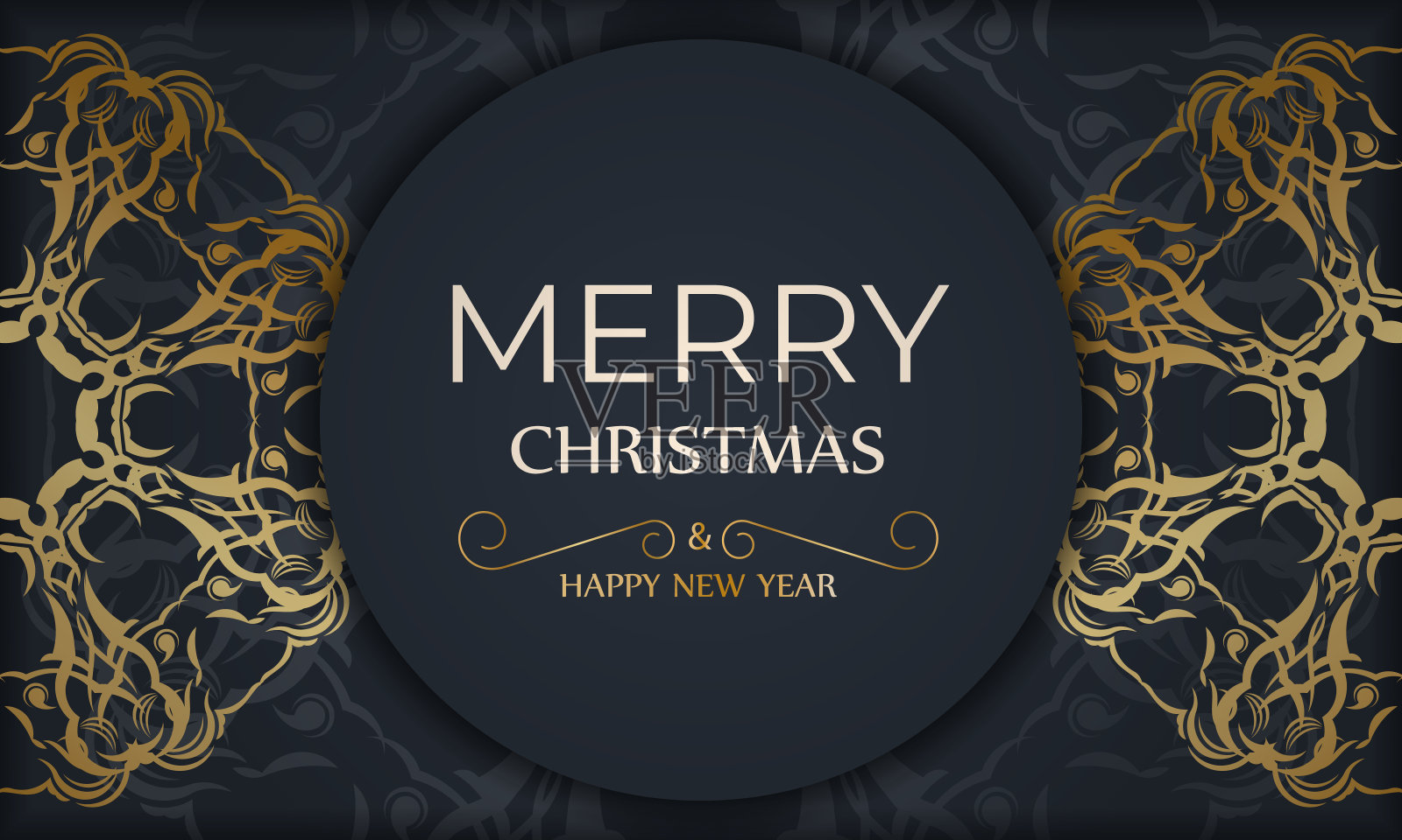 圣诞快乐传单模板在深蓝色与冬季黄金装饰设计模板素材