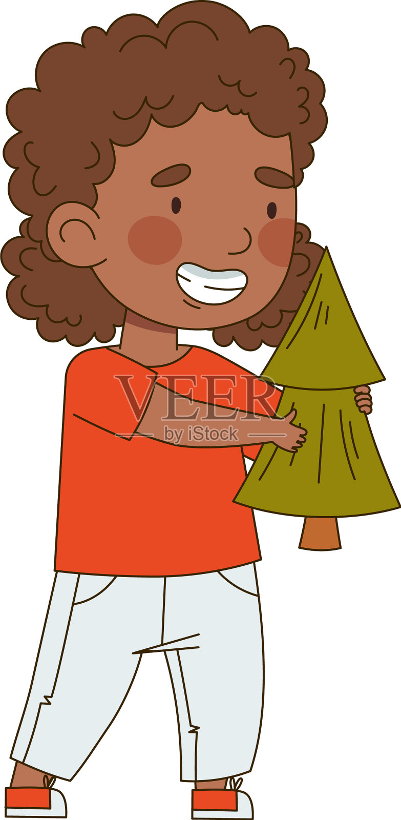 非裔美国小女孩手持冷杉插画图片素材