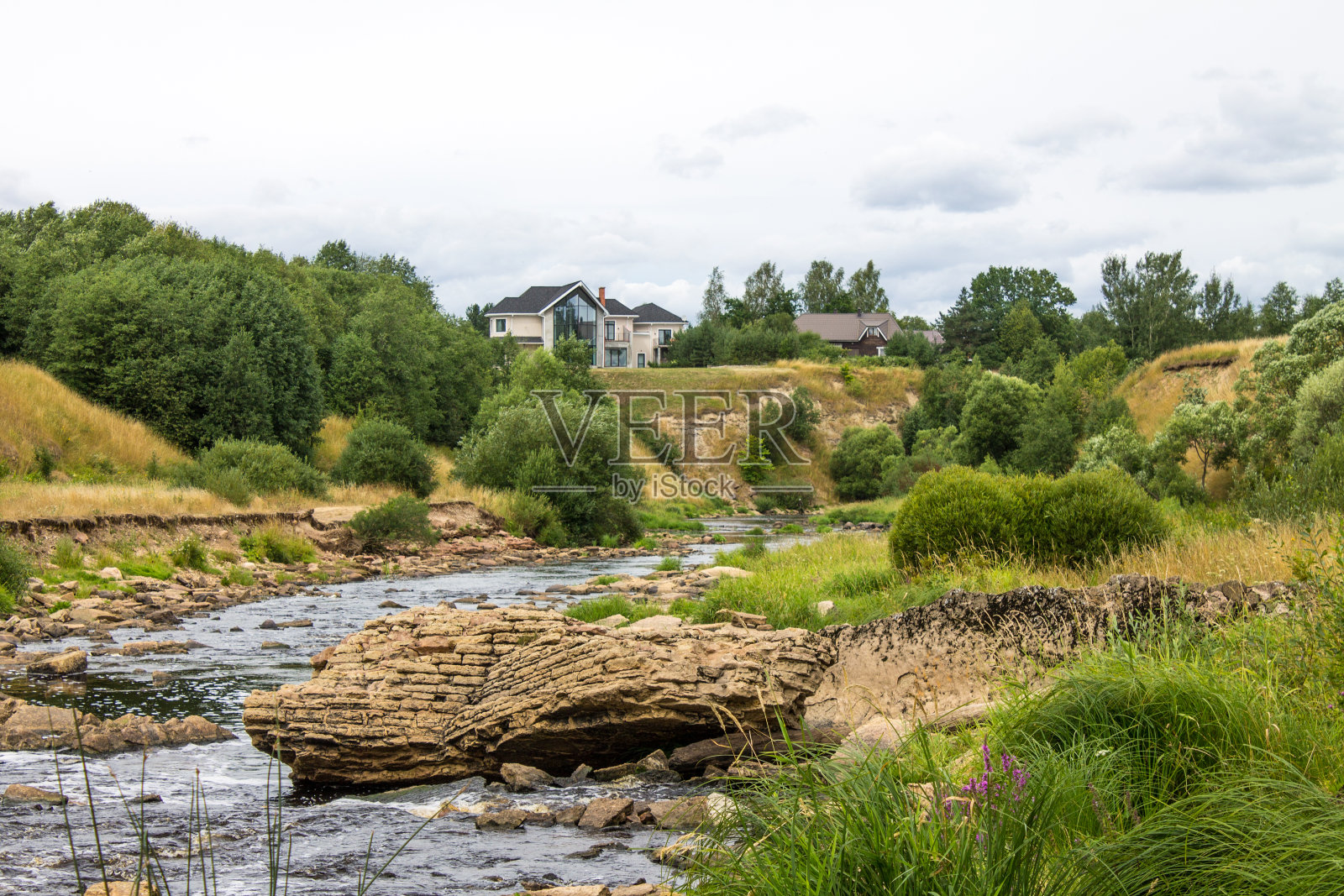 托斯纳河在列宁格勒地区,有丘陵河岸和绿色的草地照片摄影图片