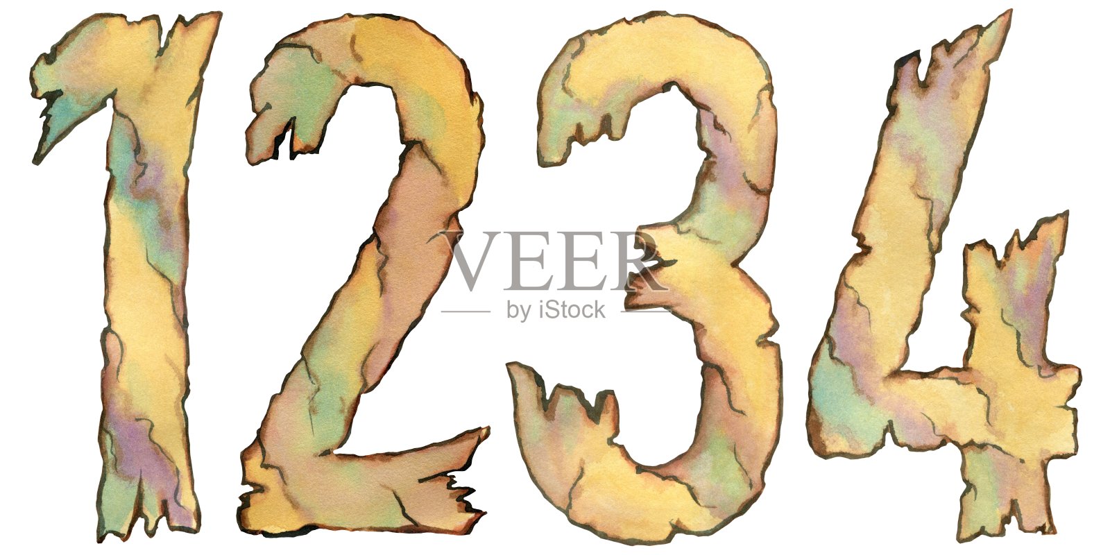 收藏旧纸,水彩画人物1-2-3-4,孤立在白色背景上插画图片素材