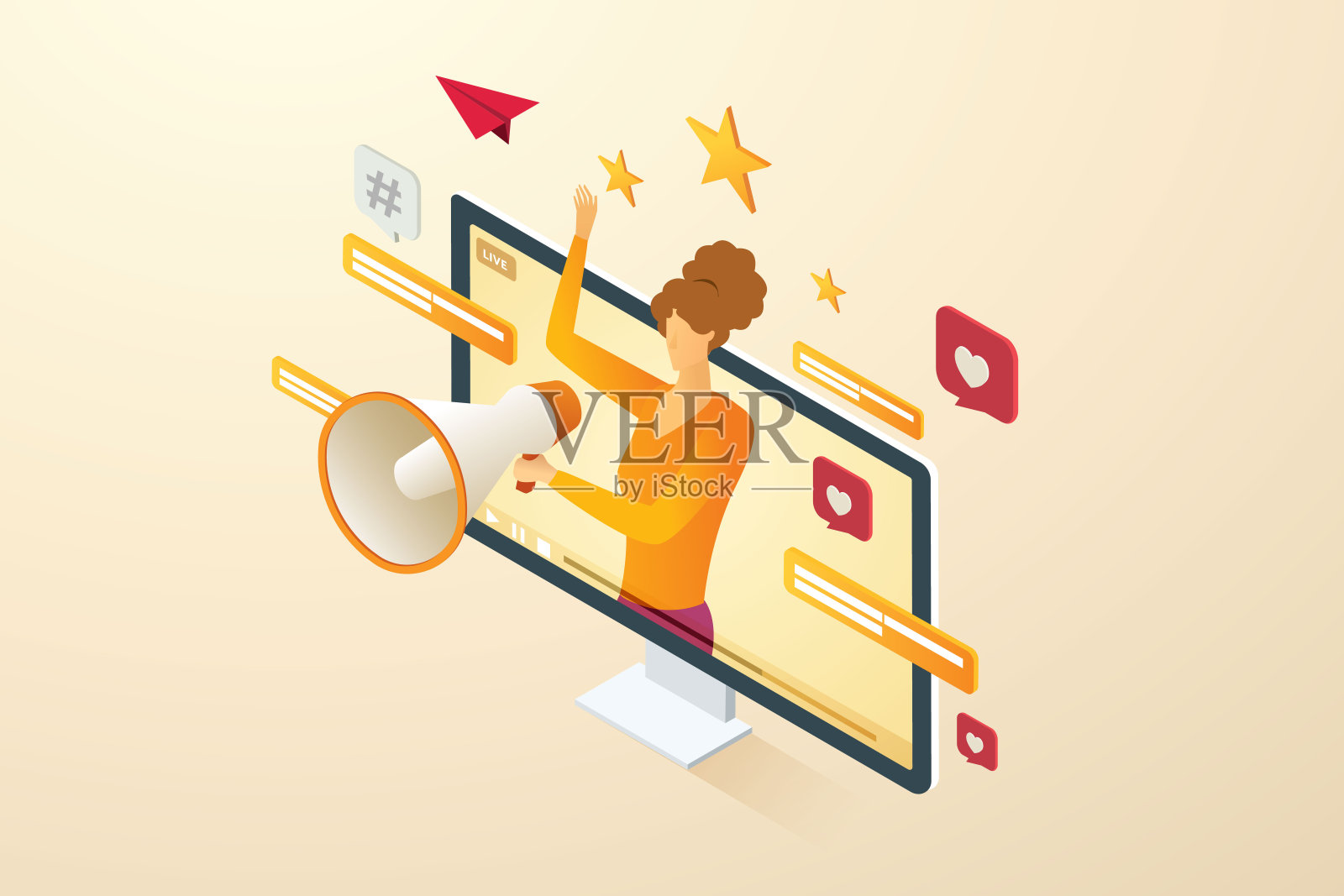 女性推广社交媒体直播。插画图片素材