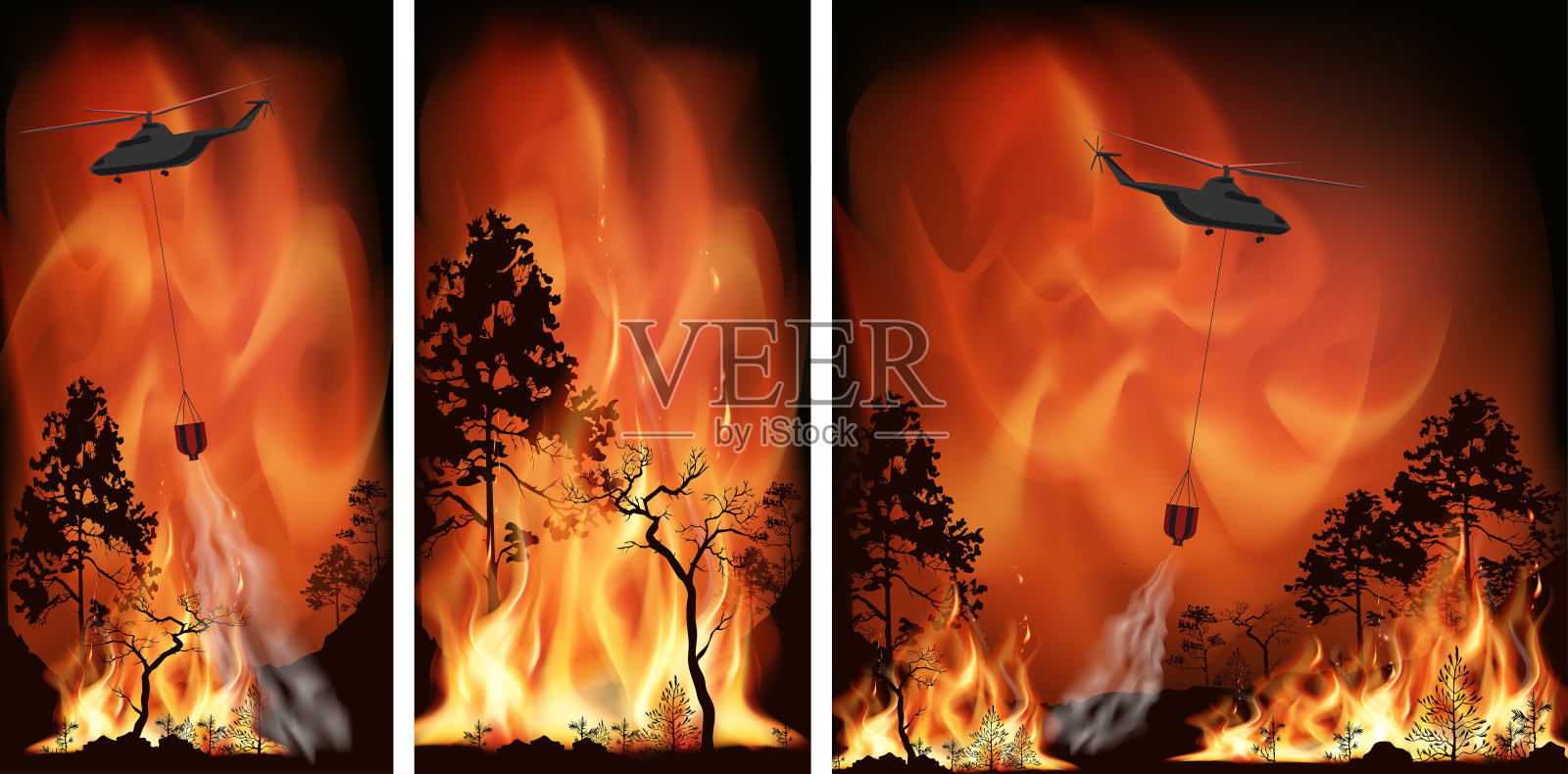 媒介森林大火,松树在大火中燃烧插画图片素材